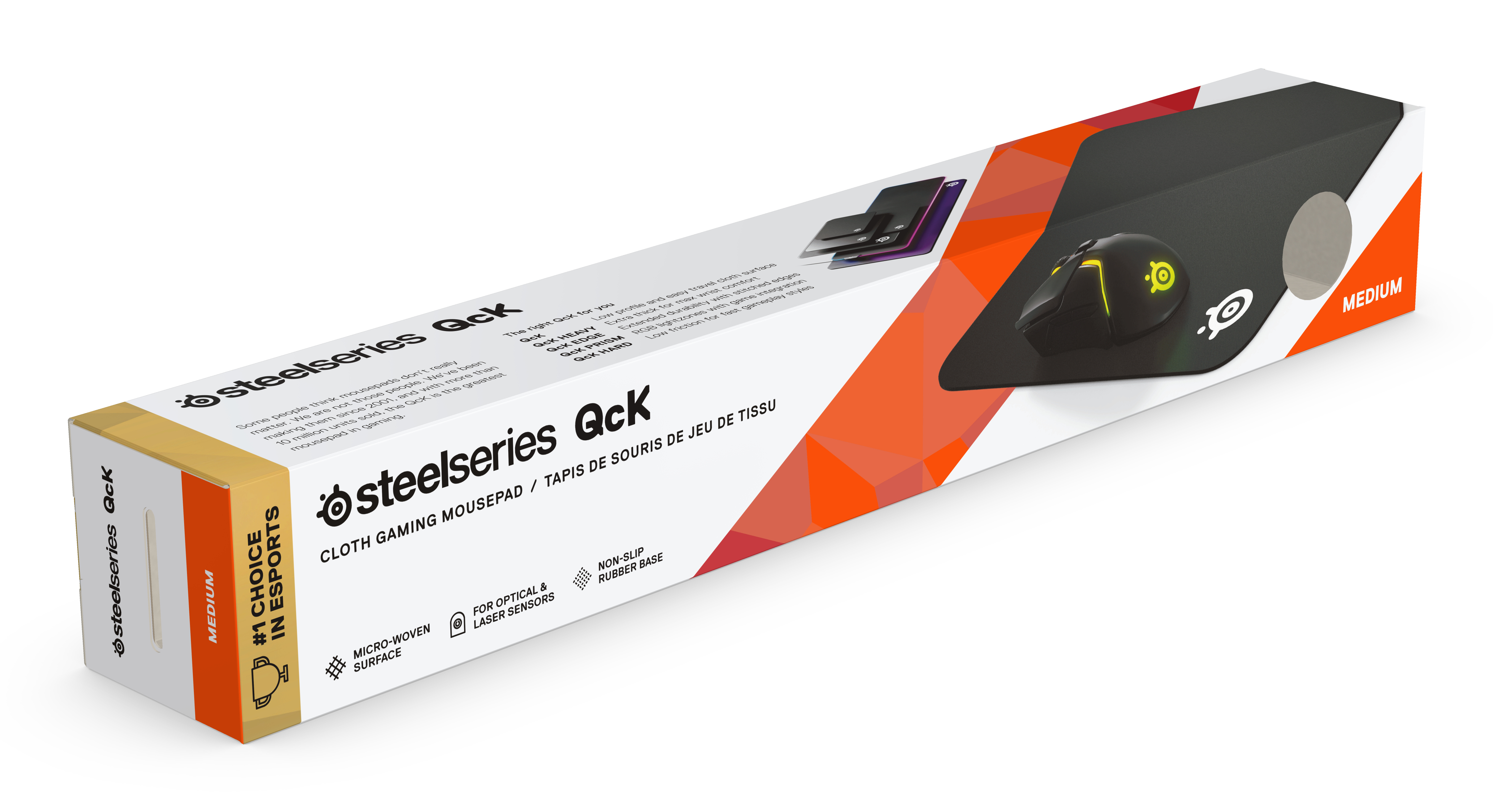 Une boîte de tapis de souris SteelSeries Qck. La boîte montre une souris et un tapis de souris, et détaille ses caractéristiques. Il est étiqueté comme moyen.