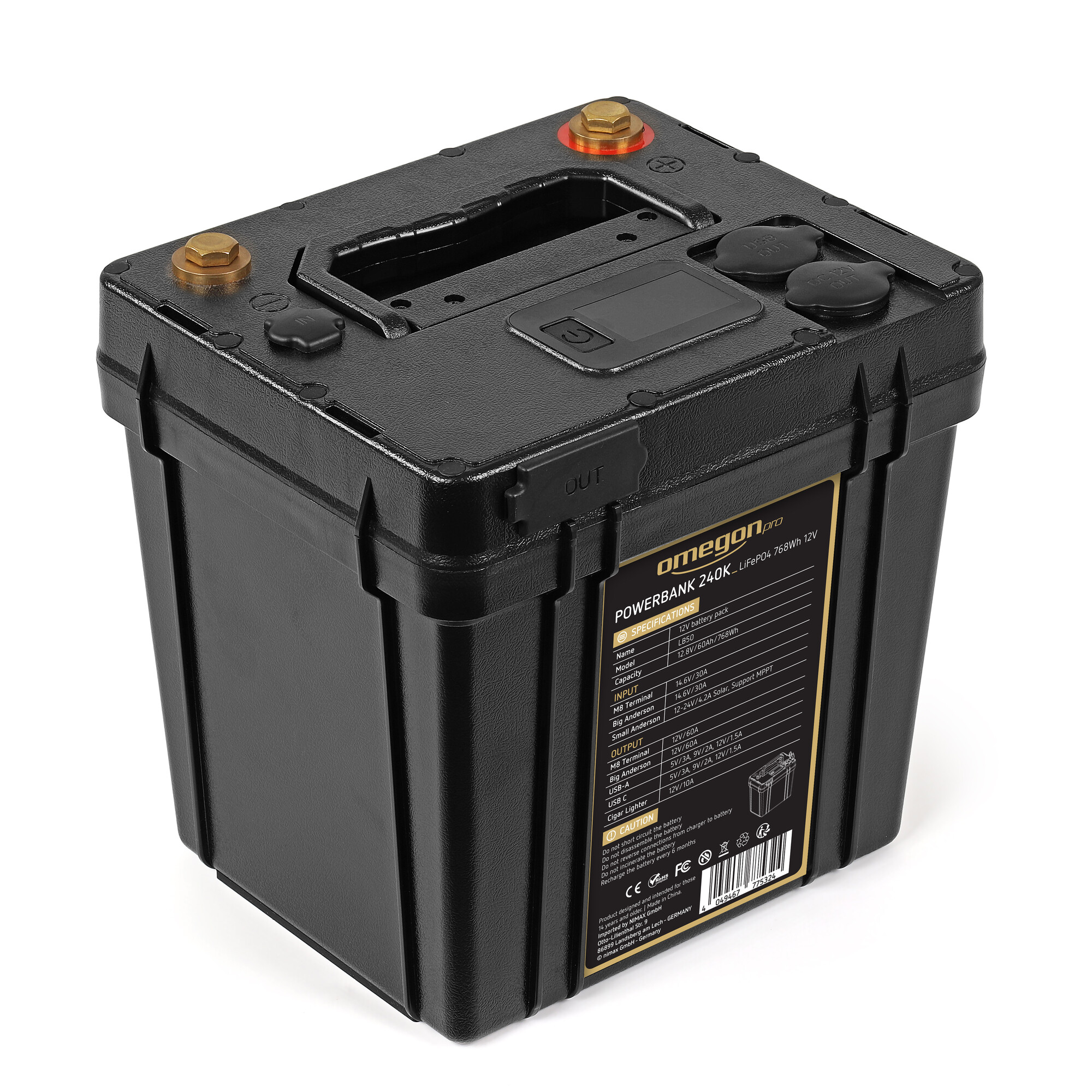 Schwarzer, rechteckiger Powerbank mit Messinganschlüssen, Digitalanzeige und Spezifikationsetikett. Mit Anschlüssen und Knöpfen.