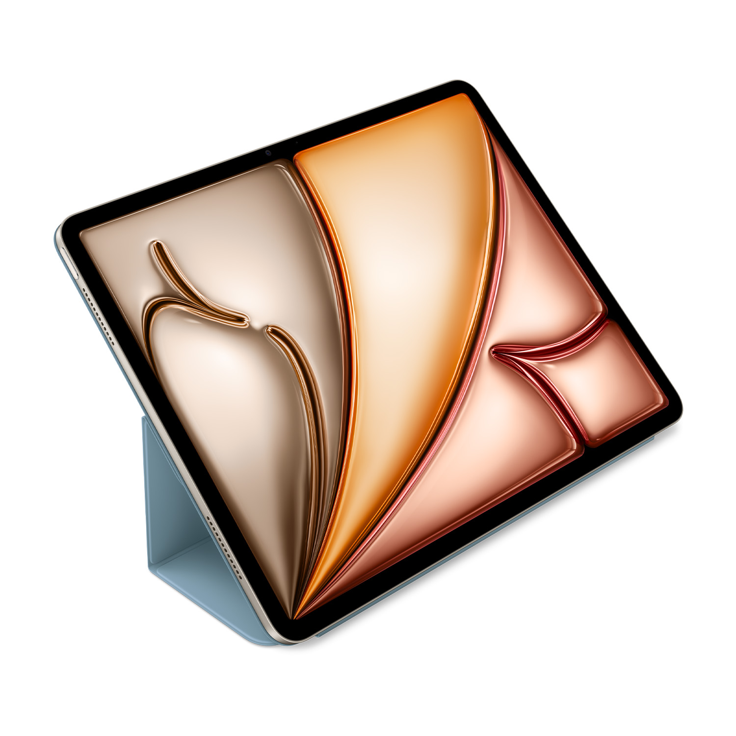 iPad w jasnoniebieskim etui. Ekran wyświetla abstrakcyjne kształty w kolorach złota, brązu i miedzi na białym tle.