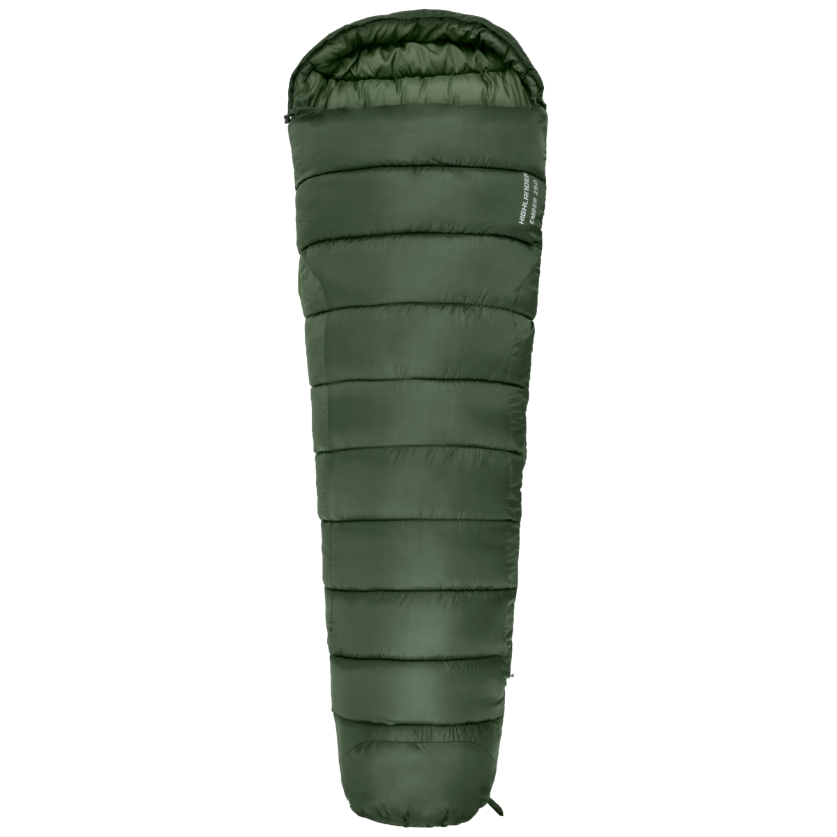 Ein grüner Schlafsack ist vor weißem Hintergrund isoliert. Er ist zylindrisch, mit horizontalen Nähten und einer Kapuze.