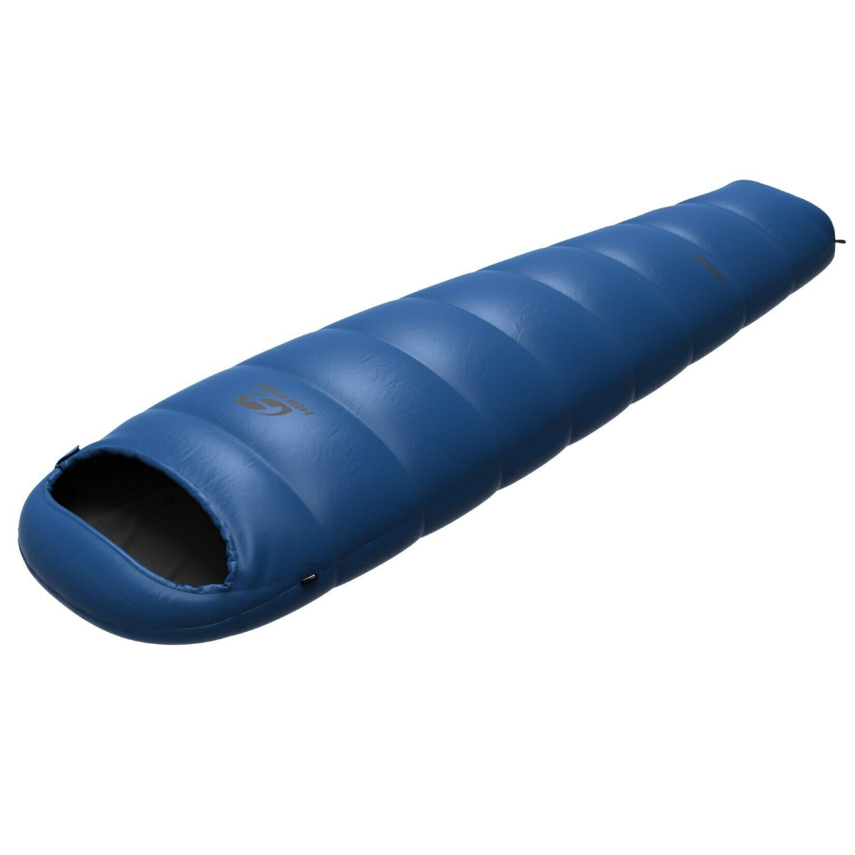 Ein blauer Schlafsack auf weißem Hintergrund. Er hat eine abgerundete Form mit dunkler Innenöffnung oben.