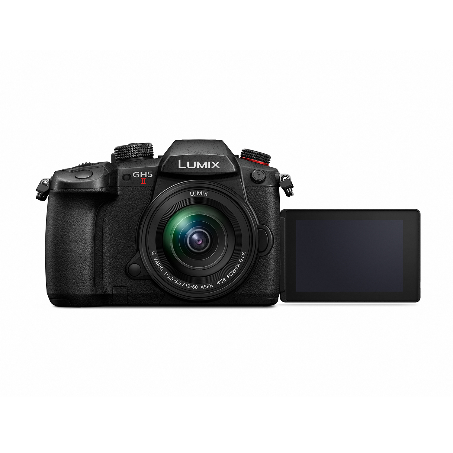 Eine schwarze Lumix GH5 II Kamera mit Objektiv und offenem Bildschirm auf weißem Hintergrund.