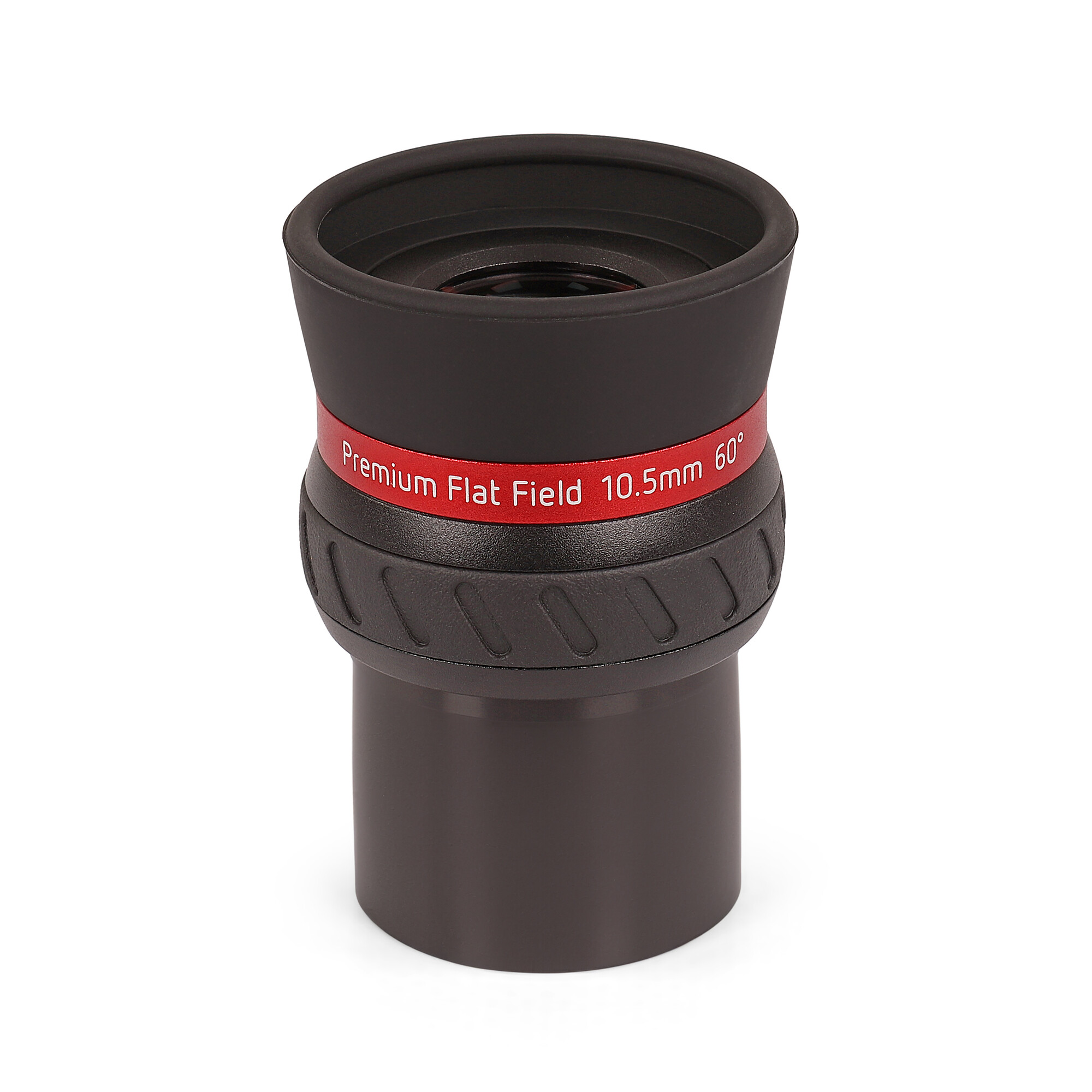 Ein schwarzes Teleskopokular mit einem roten Band mit der Aufschrift "Premium Flat Field 10,5 mm 60°".