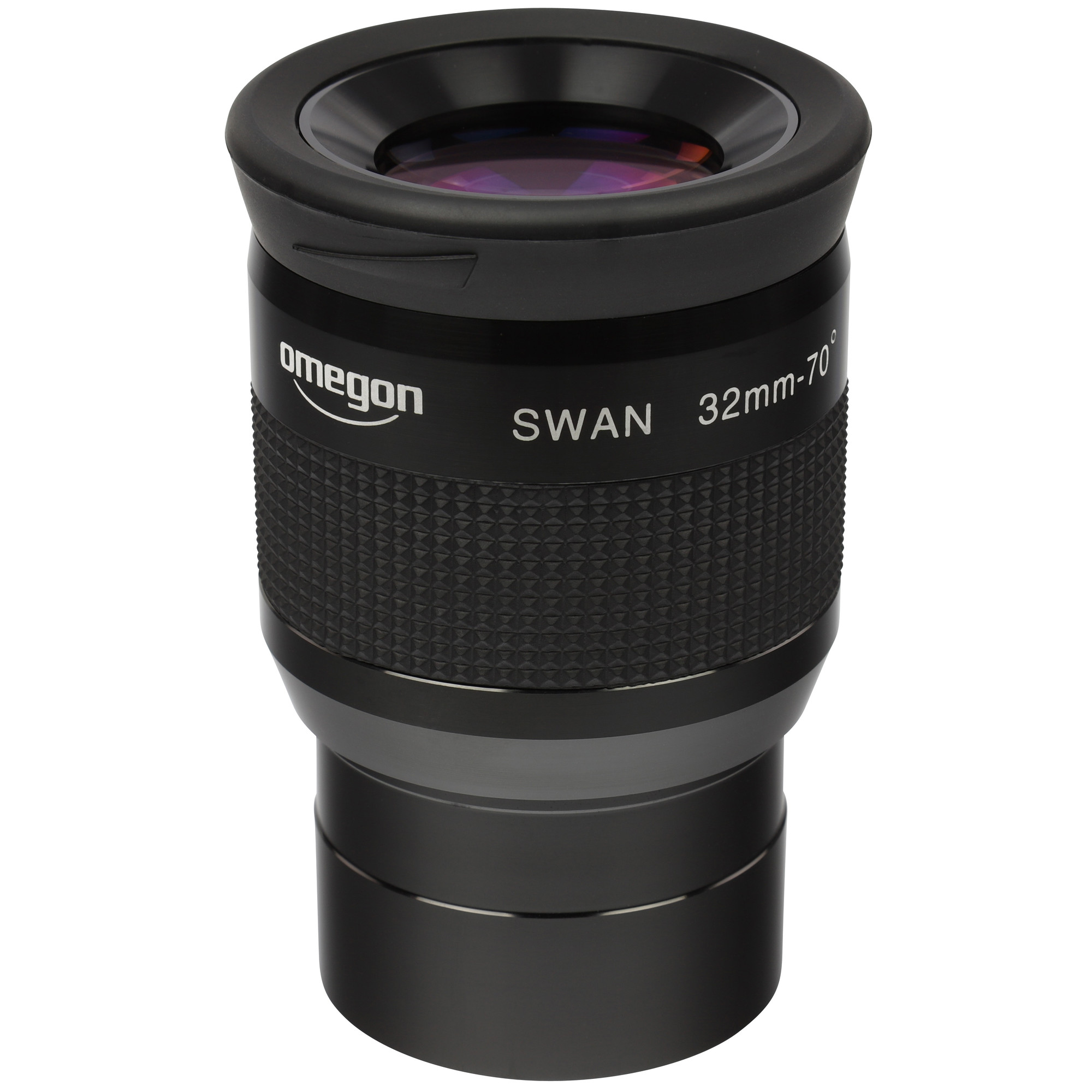 Ein schwarzes Teleskopokular mit dem Namen Omegon, Swan 32mm-70° und einem strukturierten Griff. Im Inneren ist eine Linse sichtbar.