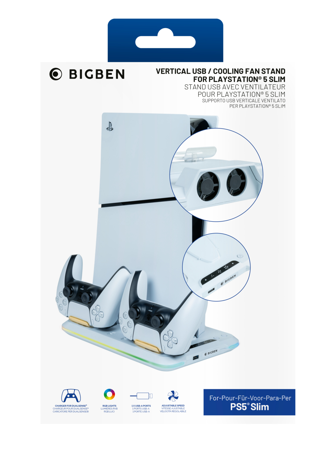 Un soporte de ventilador de refrigeración blanco para Playstation 5 Slim. Tiene cargadores dobles para mandos y luces RGB. Incluye puertos USB y velocidad ajustable.