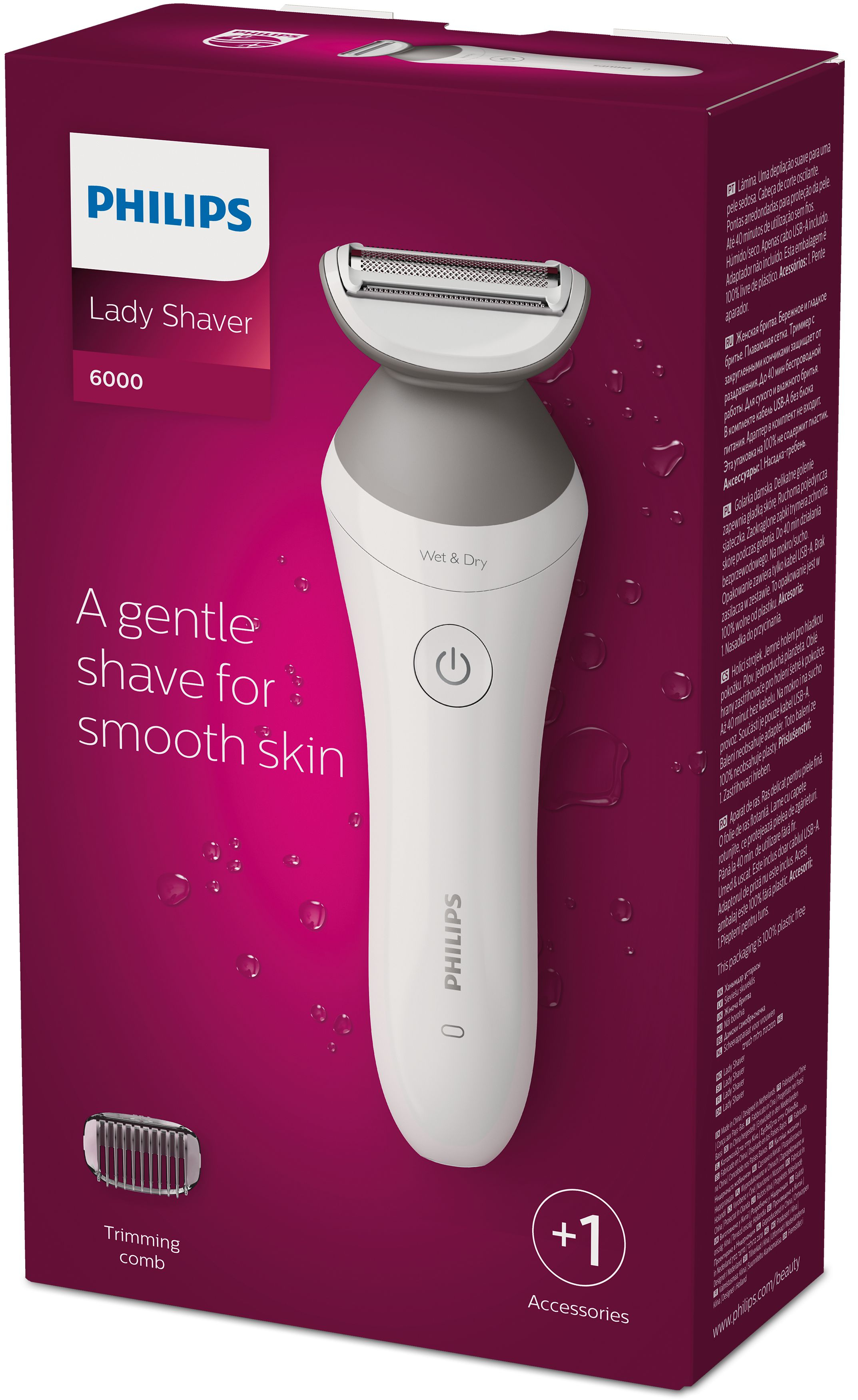 Philips Lady Shaver in scatola con rasoio, accessori e testo. Rasoio bianco su scatola viola.