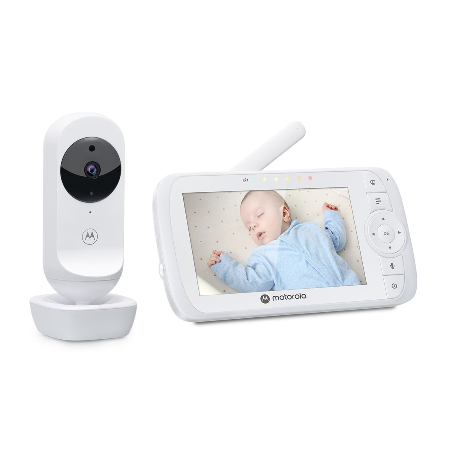 Ein weißes Babyphone-Set. Die Kamera befindet sich links, der Bildschirm rechts zeigt ein schlafendes Baby. Motorola-Logo sichtbar.