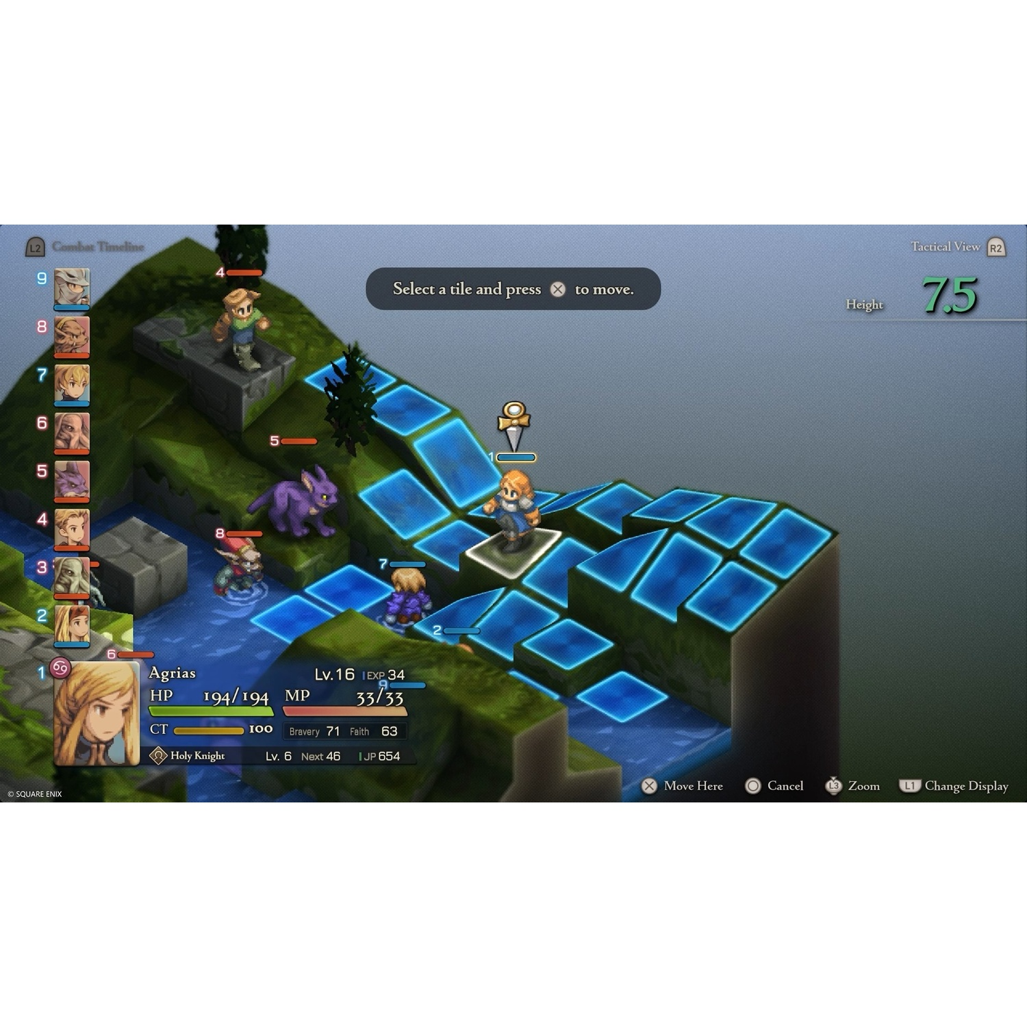 RPG tattico con campo di battaglia. Personaggi su terreni rialzati. L'interfaccia mostra statistiche e azioni dei personaggi.