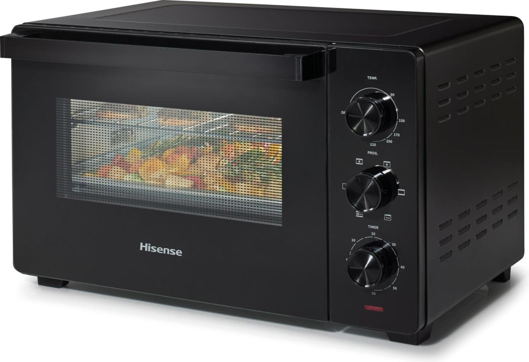 Un forno nero Hisense con porta a vetri che mostra cibo. Ha controlli di temperatura e timer. Il forno è su una superficie bianca.