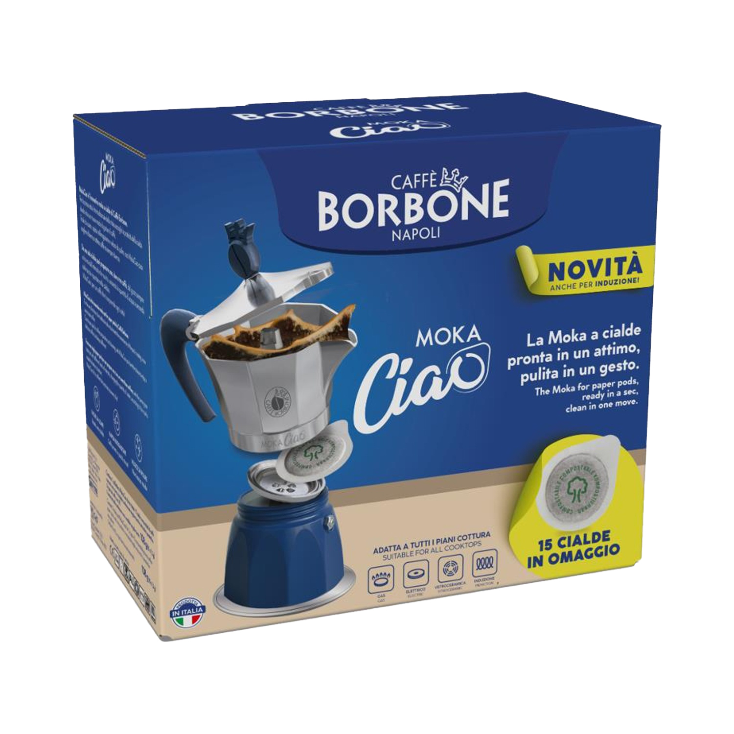 Pudełko Borbone Moka Ciao. Na górze niebiesko-biały ekspres do kawy. Tekst zawiera '15 cialde in omaggio' i 'Novità'.
