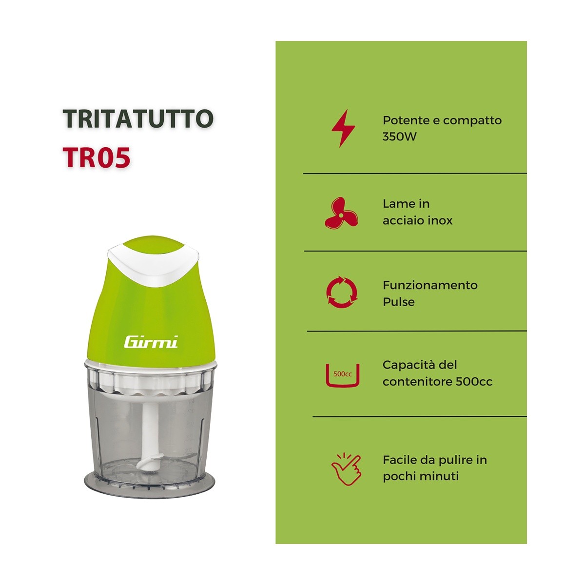 Un robot da cucina verde e bianco. Ha un contenitore trasparente e un coperchio verde. Testo e icone sono sul lato.