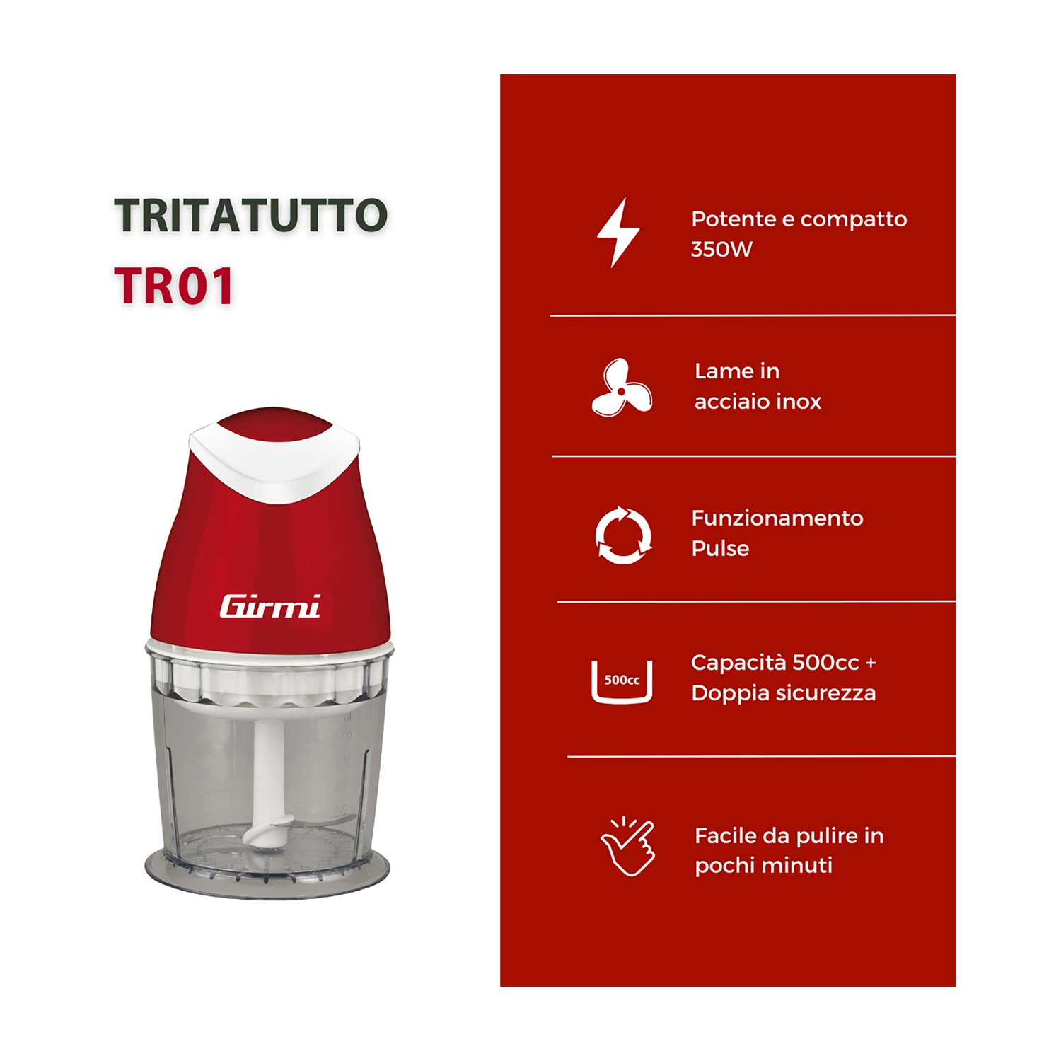 Un procesador de alimentos rojo y blanco. Tiene un recipiente transparente. Texto: TRITATUTTO, Girmi, TR01. Detalles en fondo rojo.