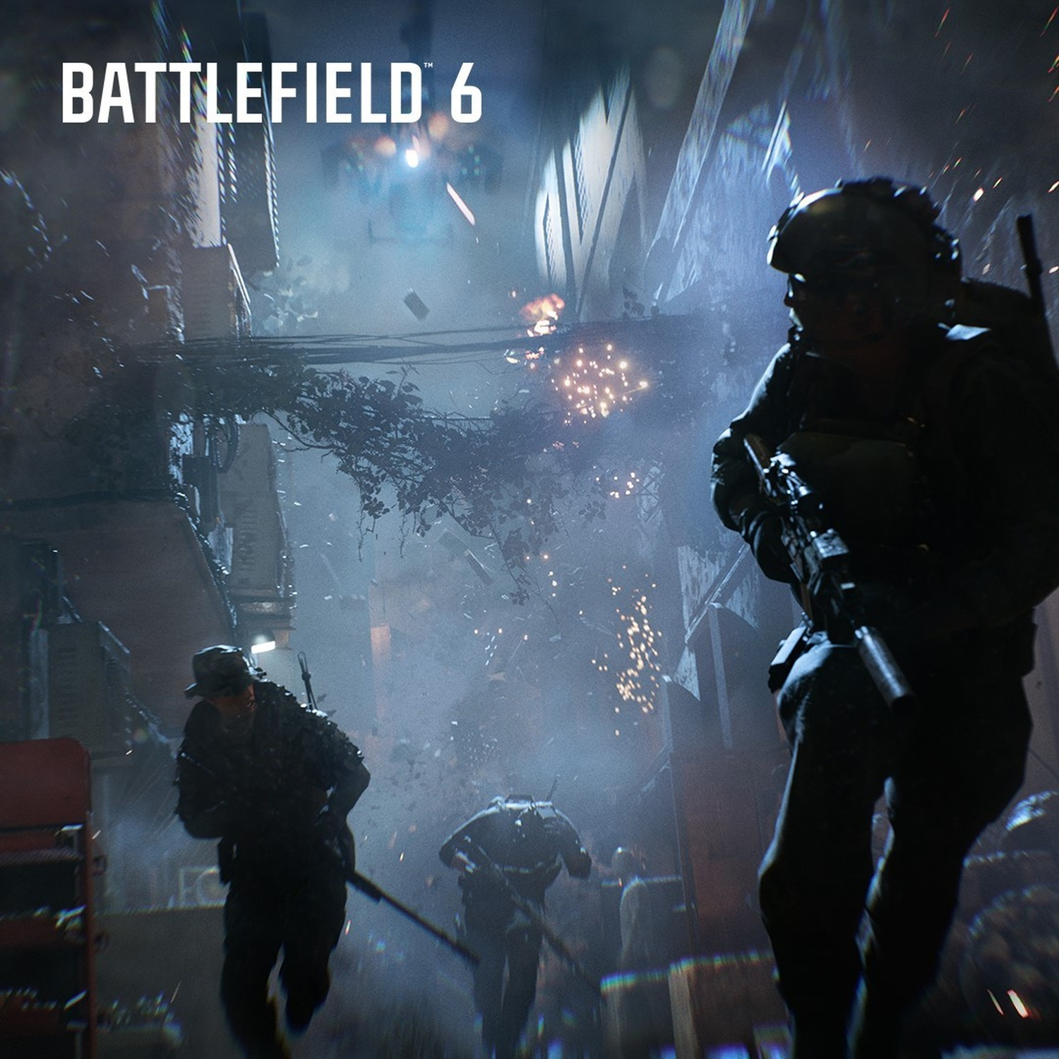 Soldati corrono in una città devastata dalla guerra. Esplosioni e scintille riempiono l'aria. Il logo di Battlefield 6 in alto.