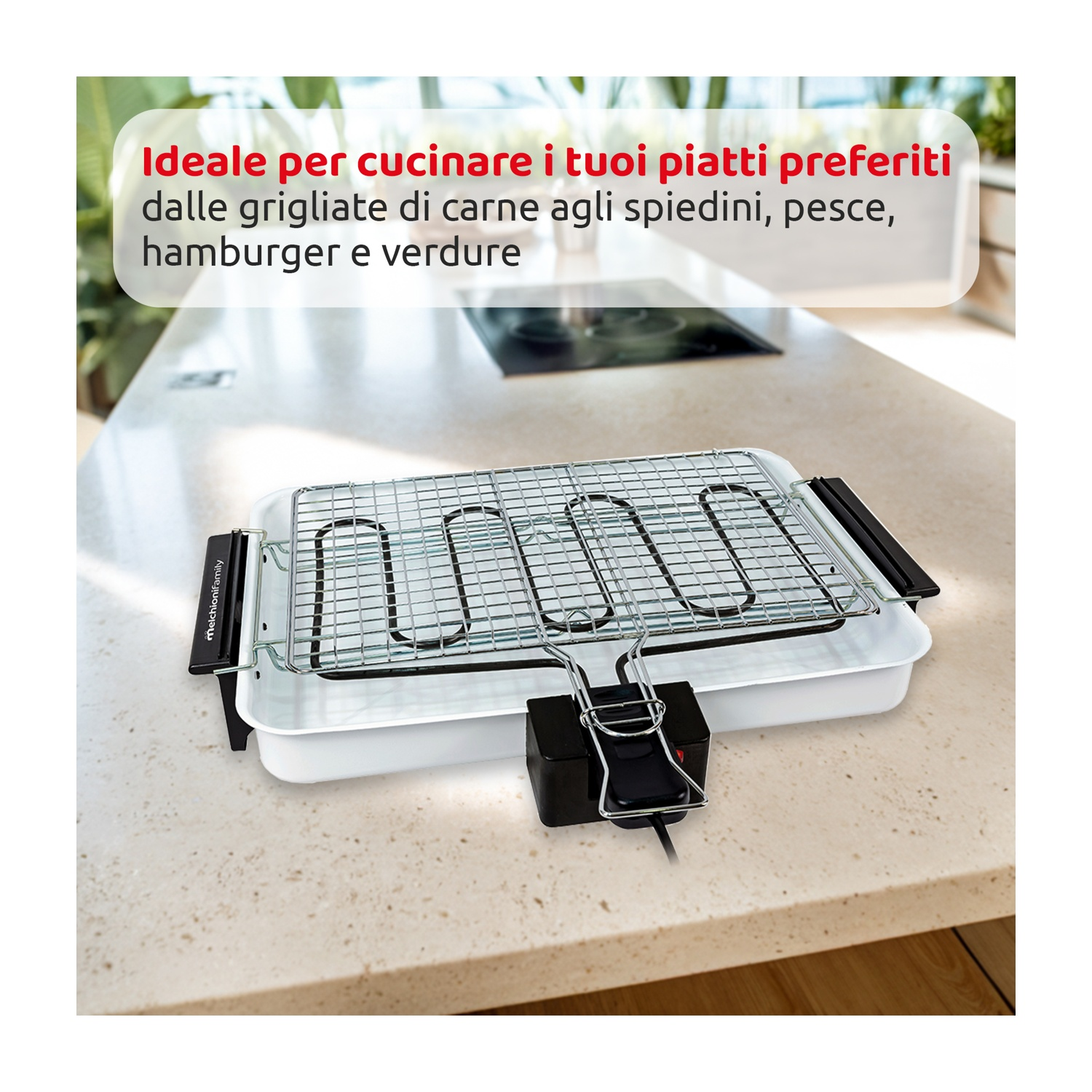 Ein Elektrogrill steht auf einer Arbeitsplatte. Text oben: Ideal zum Kochen Ihrer Lieblingsgerichte. Grillen Sie Fleisch, Fisch und Gemüse.