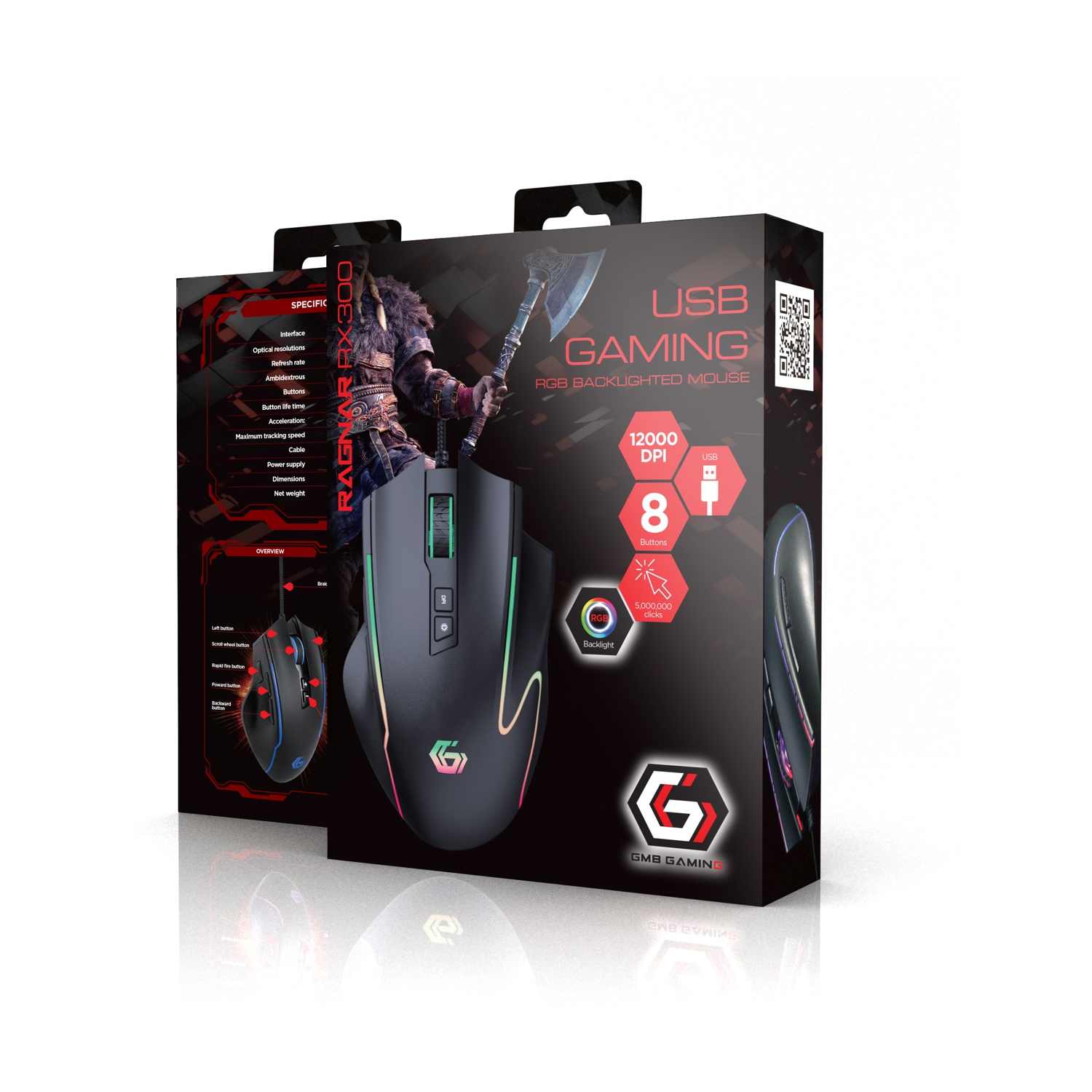 Czarne pudełko myszy gamingowej z czerwonymi akcentami, zawiera mysz i specyfikacje. Tekst: 'USB Gaming', 'RAGNAR RX300'.