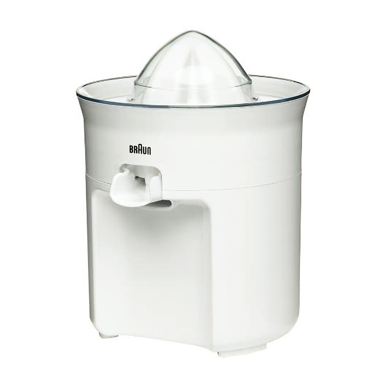 Uno spremiagrumi Braun bianco. Ha un cono di plastica trasparente, un corpo bianco e un beccuccio. Il logo Braun è visibile.