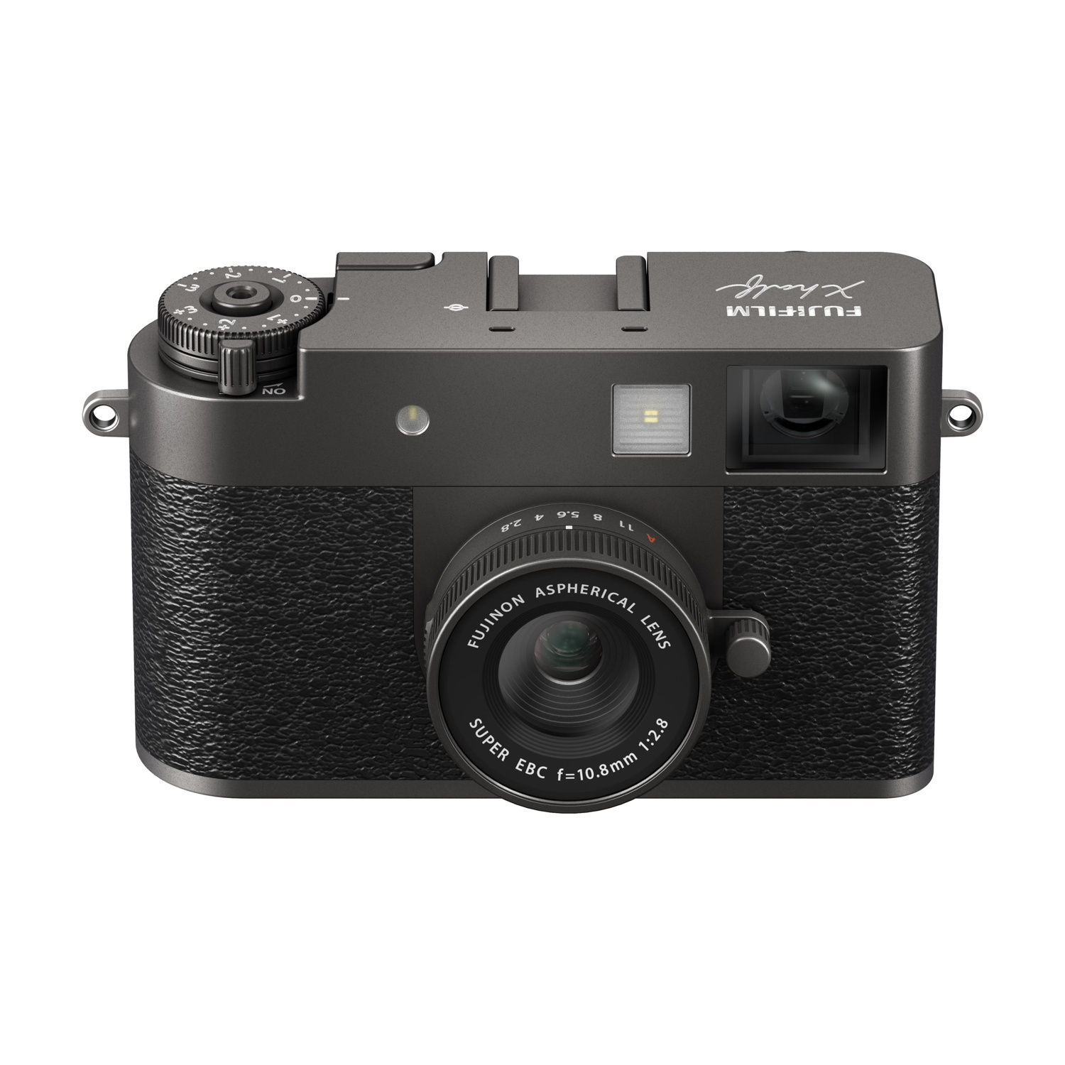 Een donkergrijze Fujifilm X-half camera. Hij heeft een lens, draaiknoppen en een gestructureerde behuizing. Op de lens staat 'FUJINON ASPHERICAL LENS'.