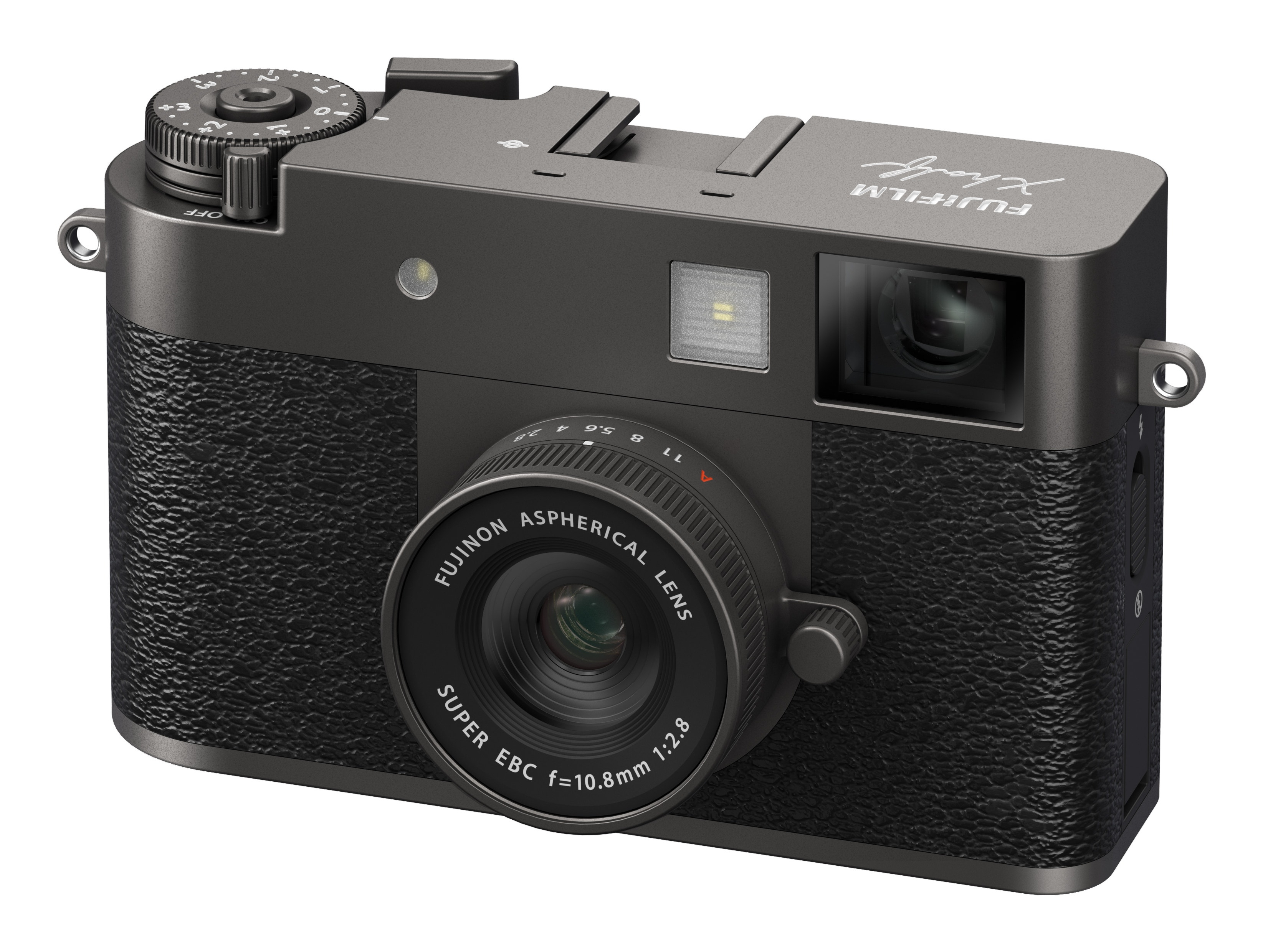 Dunkelgraue Fujifilm X-Serie Kamera mit Objektiv, Rädern und strukturierter schwarzer Griff.