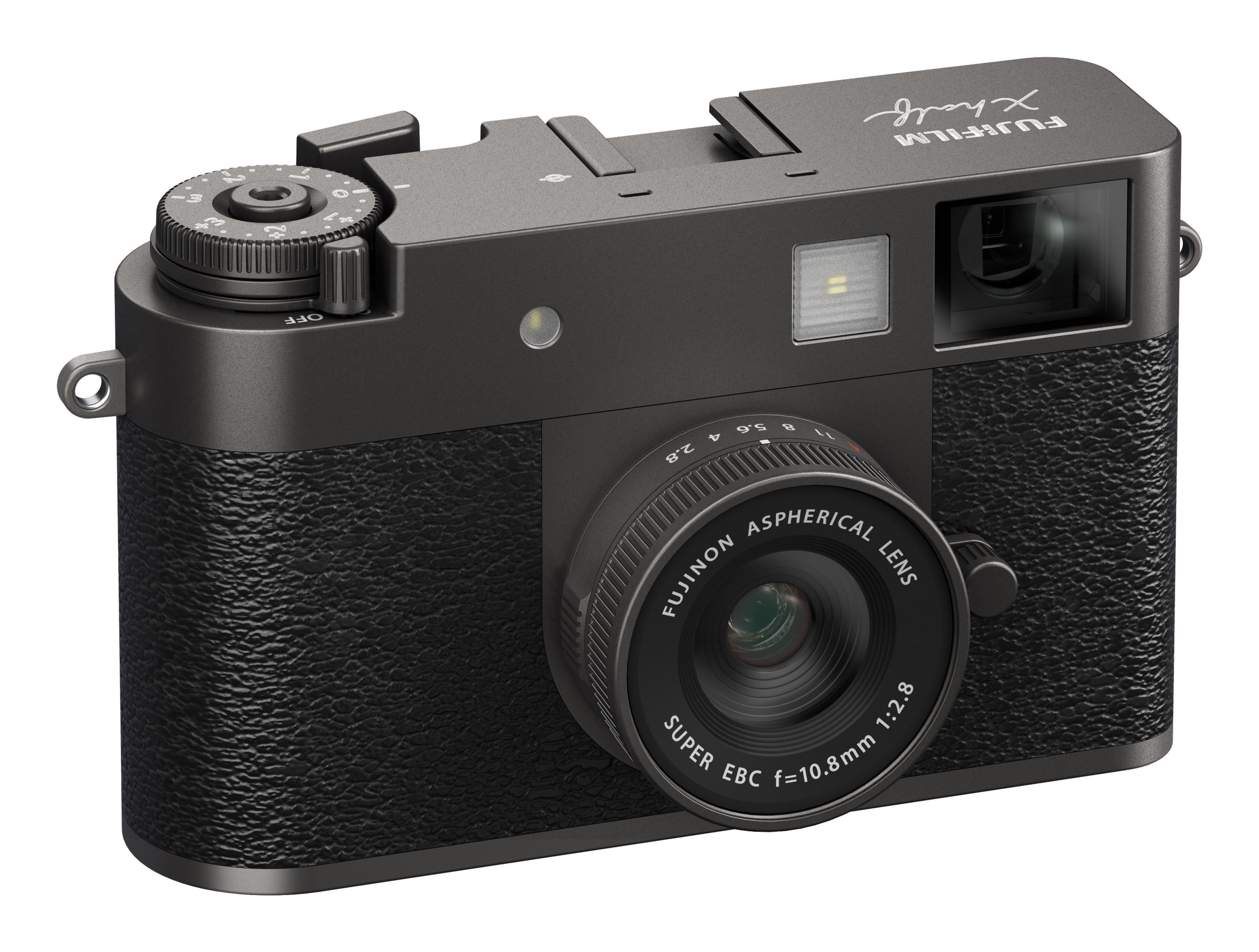 Eine dunkelgraue Fujifilm-Kamera wird gezeigt. Sie hat ein Objektiv, Wählscheiben und einen strukturierten Griff.