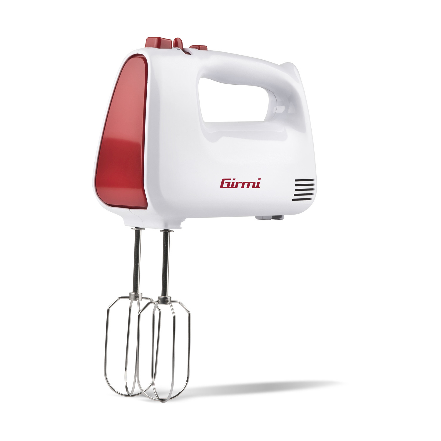Un frullatore a mano Girmi bianco e rosso. Ha due fruste. Il frullatore è su sfondo bianco.
