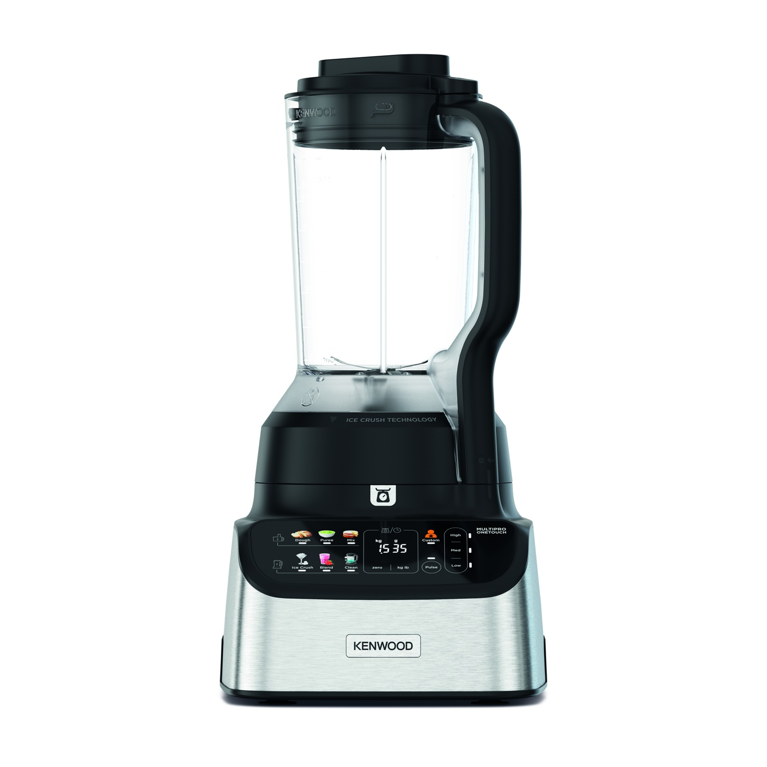 Een Kenwood blender. Het heeft een transparante kan, een zwarte handgreep en een bedieningspaneel met pictogrammen en knoppen. De basis is zilver.