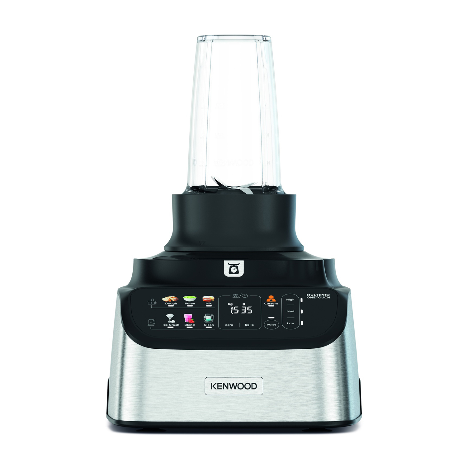 Een Kenwood blender wordt getoond, met een doorzichtige container bovenop, een zwarte basis en een zilveren bedieningspaneel. Het heeft verschillende functieknoppen.