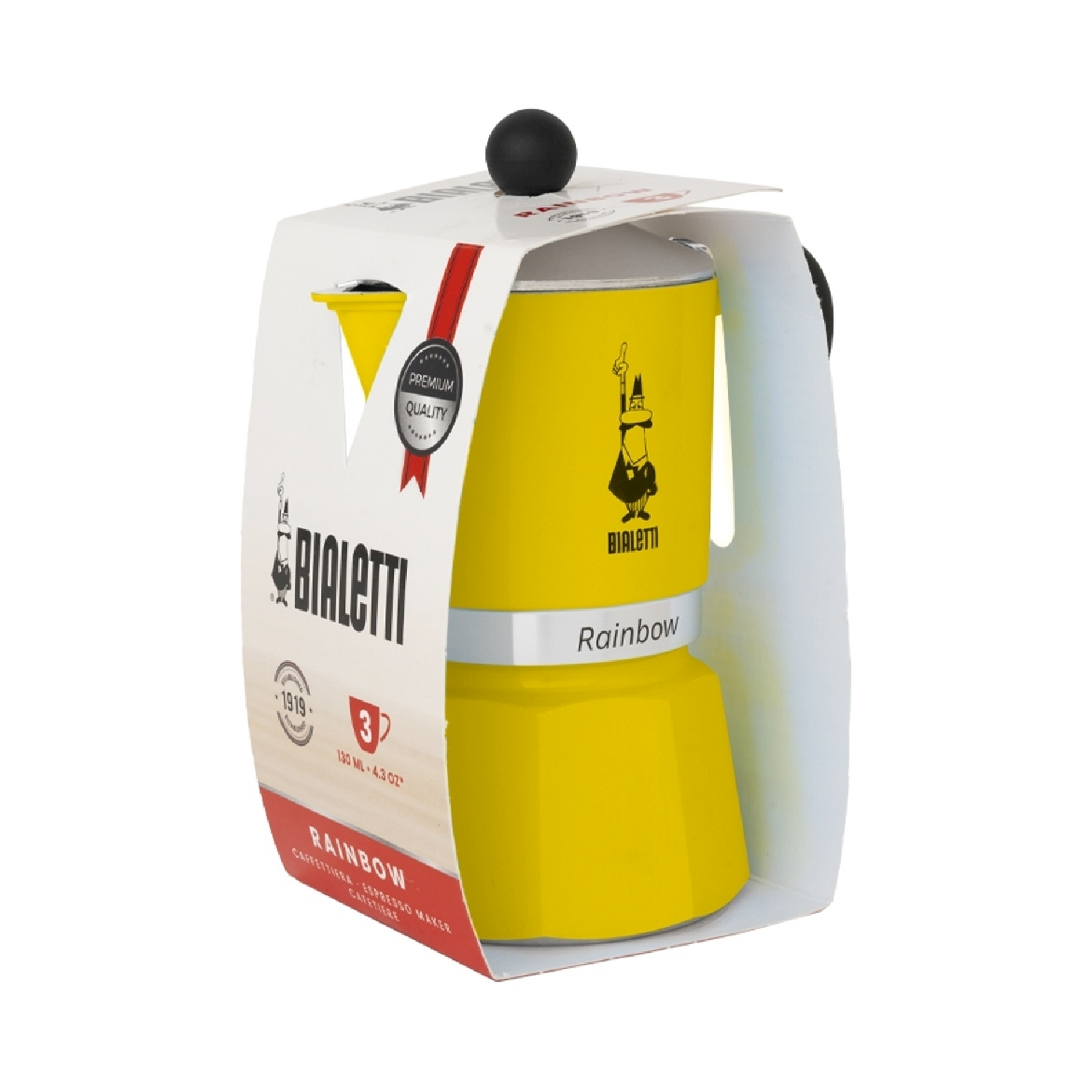 Ein gelber Bialetti Rainbow Espressokocher in seiner Verpackung. Die Verpackung hat Bialetti-Branding und Text, mit schwarzem Griff und Knopf.