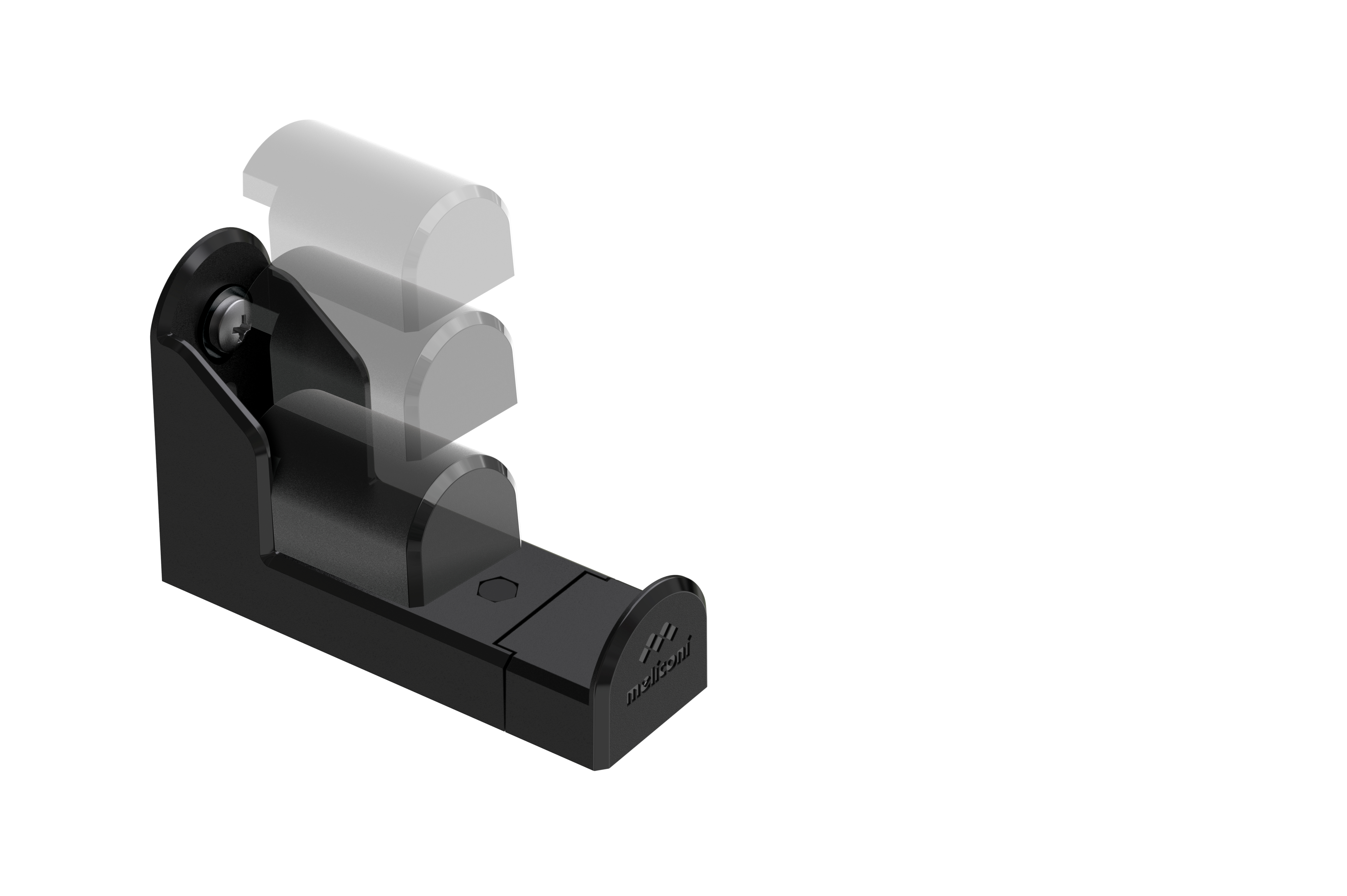Un dispositivo de plástico negro con una parte giratoria sobre fondo blanco. Tiene un tornillo y la marca.