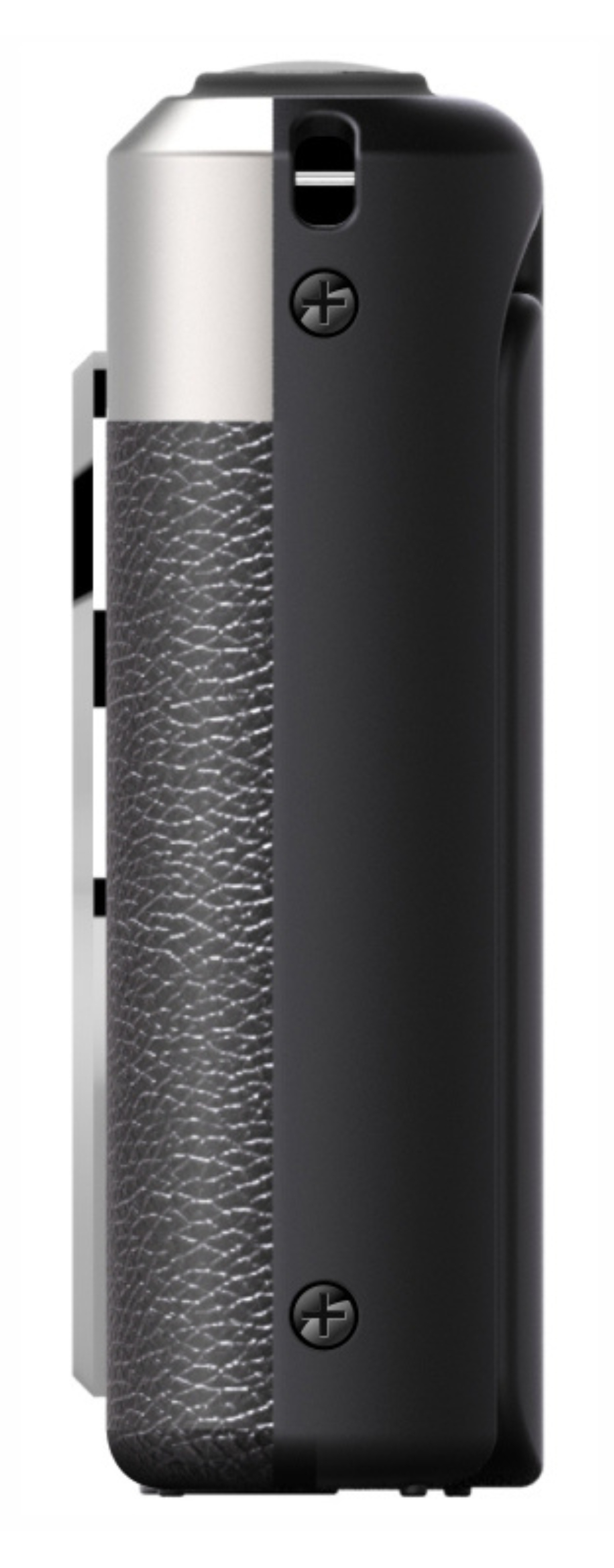 Widok z boku czarnego i srebrnego urządzenia. Ma teksturowany uchwyt, srebrną górę, czarny korpus ze śrubami i mały port.