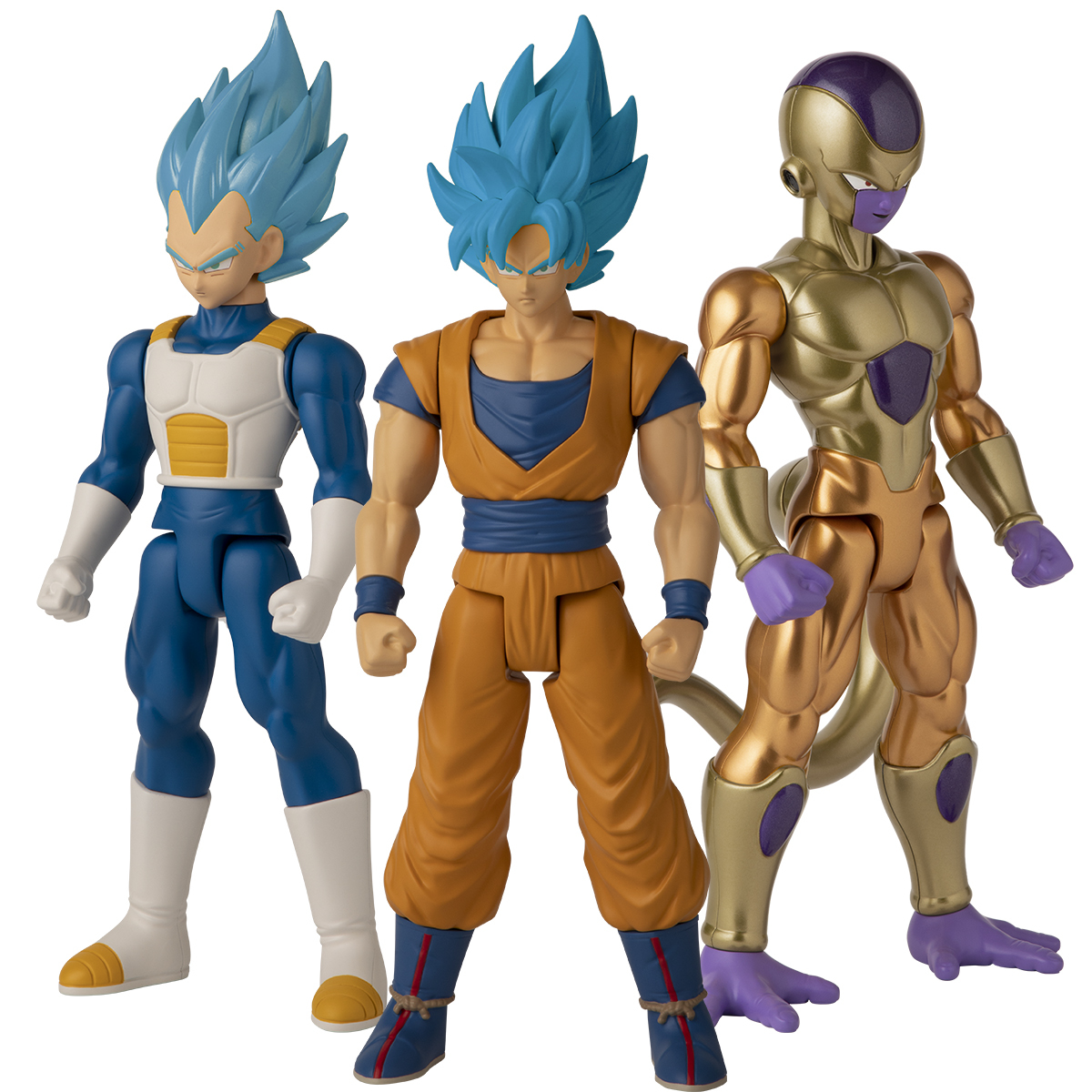 Tre action figure di Dragon Ball Z: Vegeta, Goku e Freezer. Vegeta in blu e bianco, Goku in arancione e Freezer in oro e viola.
