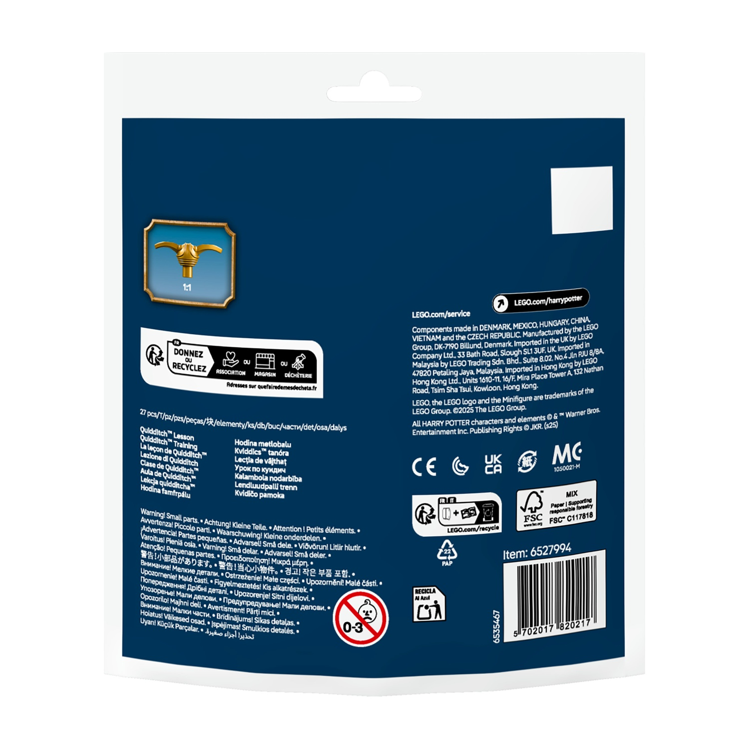 Pudełko LEGO ze złotą ikoną trofeum. Tekst zawiera 'Quidditch Lesson', ostrzeżenia i symbole recyklingu.