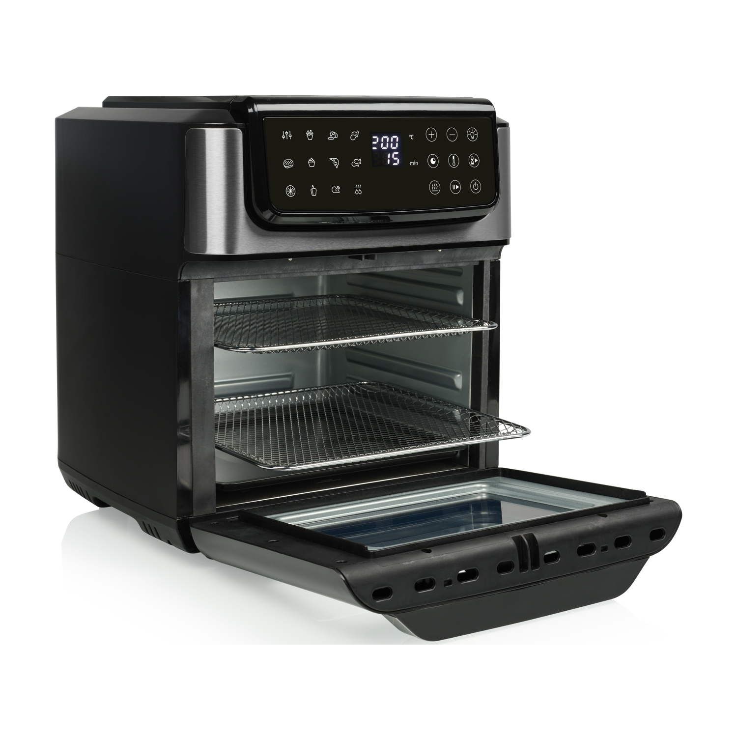 Czarna frytkownica powietrzna z otwartymi drzwiami, pokazująca wnętrze z rusztami. Ma cyfrowy wyświetlacz i panel sterowania.