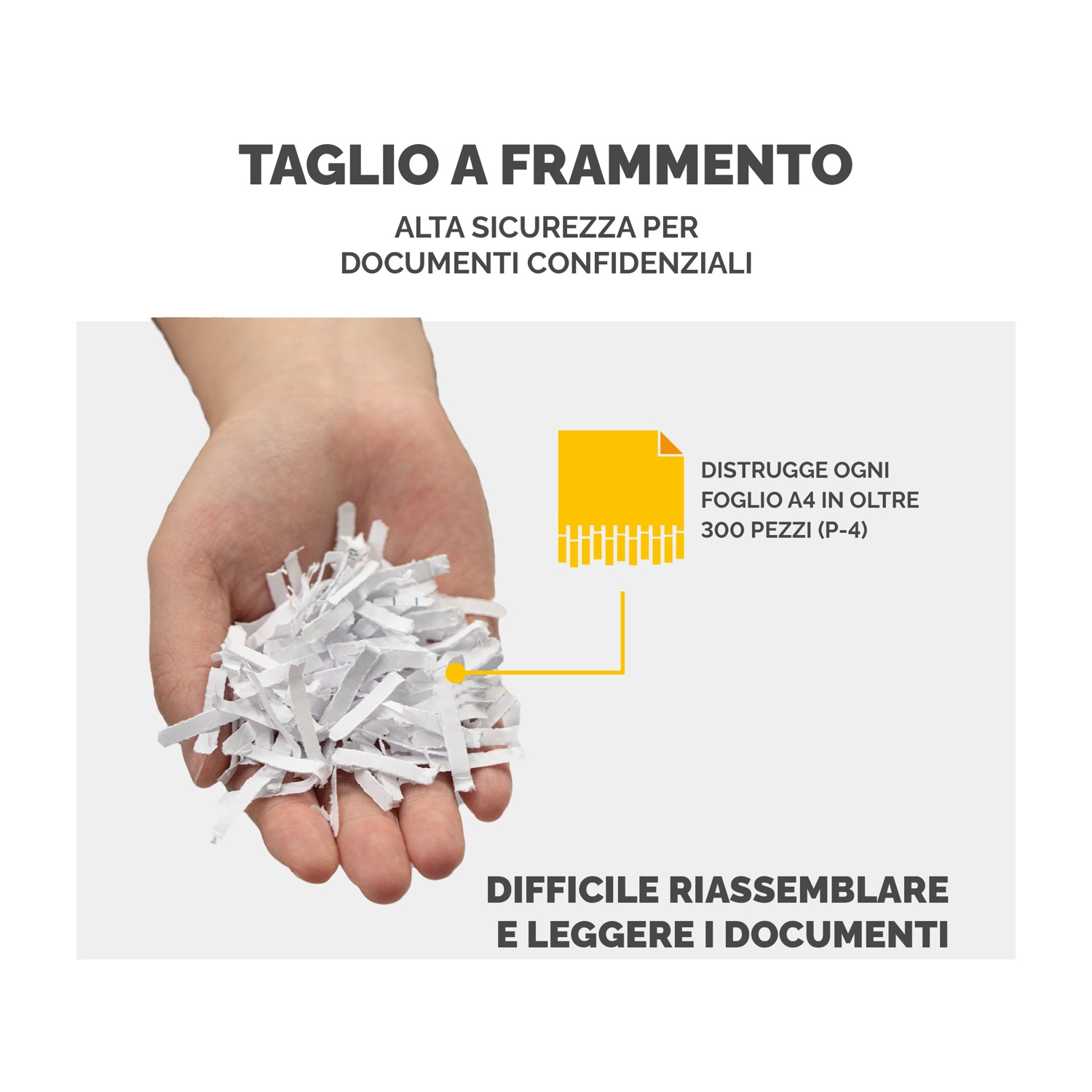 Dłoń trzymająca pocięty papier, obok tekstu o wysokim bezpieczeństwie dla poufnych dokumentów. Trudny do ponownego złożenia.