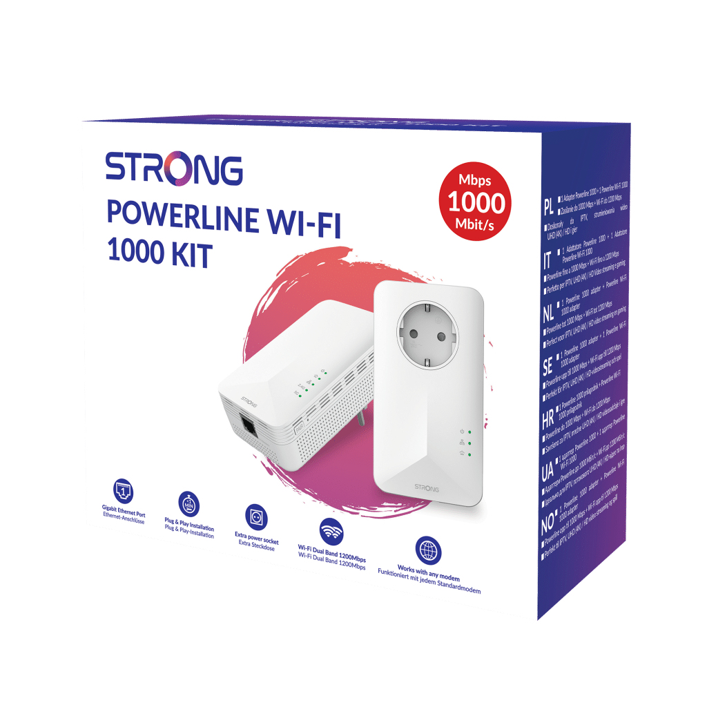 Białe pudełko Strong Powerline Wi-Fi 1000 Kit z dwoma białymi adapterami. Na pudełku napis: 'Mbps 1000'.