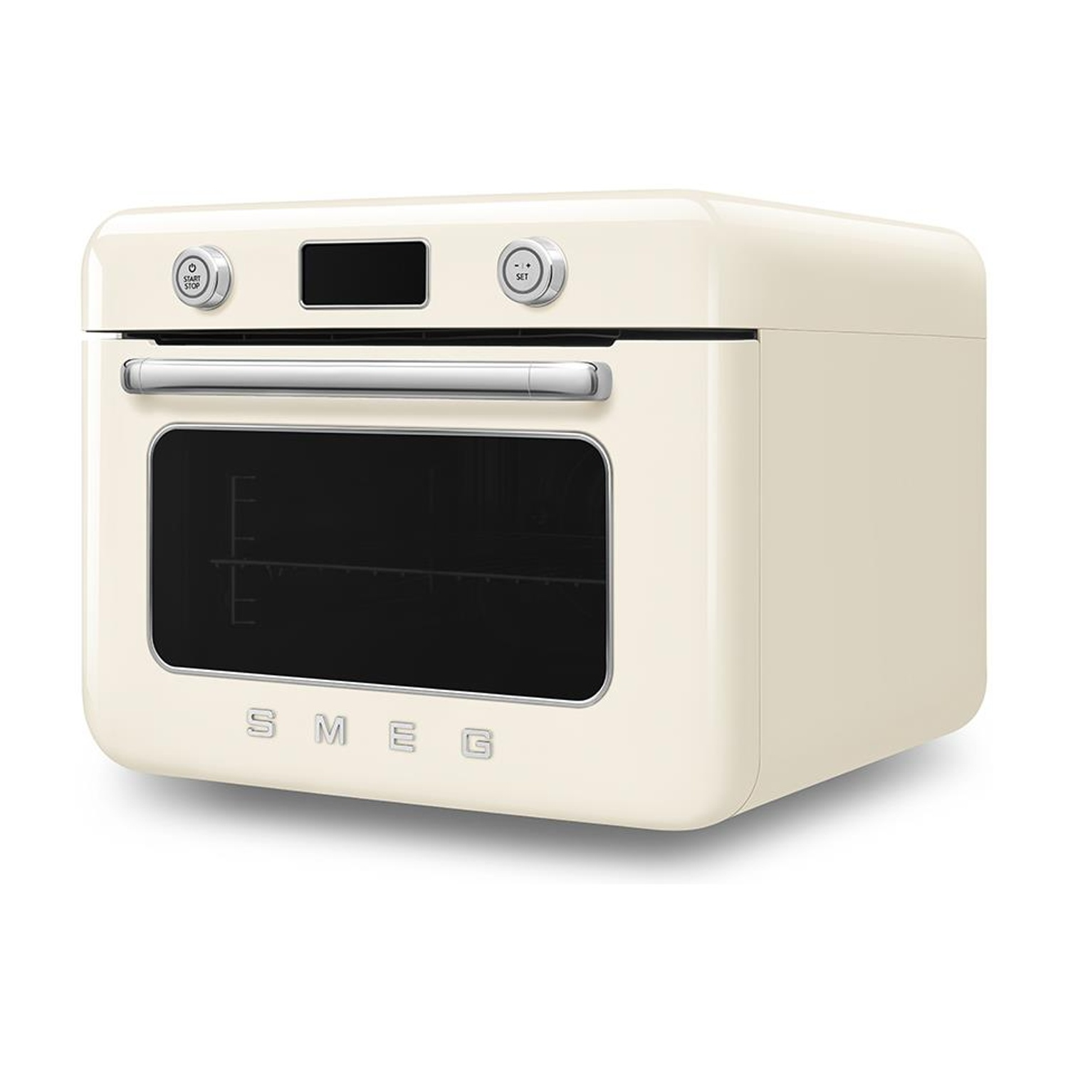 Four crème avec porte vitrée noire. Il possède des poignées et des boutons chromés. La marque SMEG est visible.
