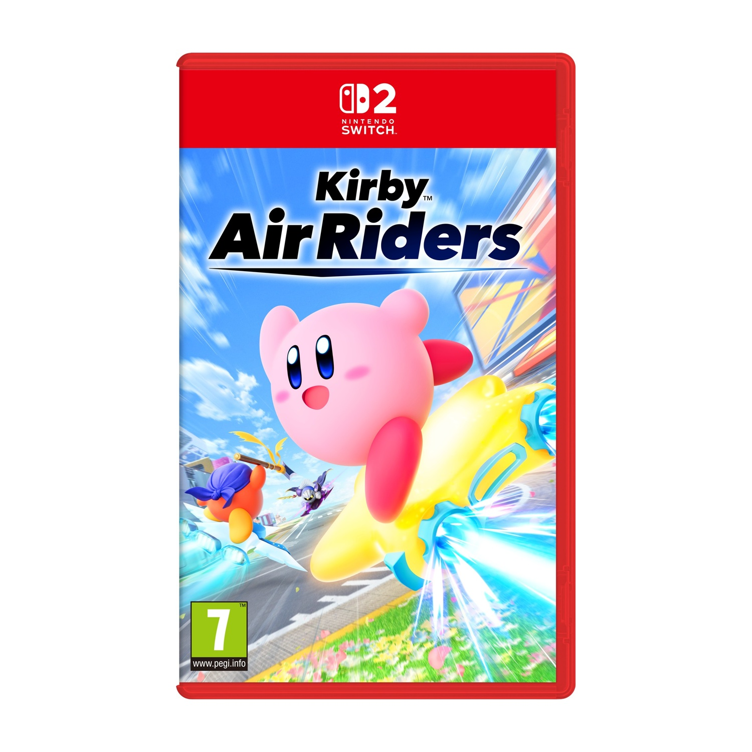 Copertina del gioco Kirby Air Riders. Kirby rosa vola su un veicolo giallo. Altri personaggi in aria. Logo Nintendo Switch in alto.