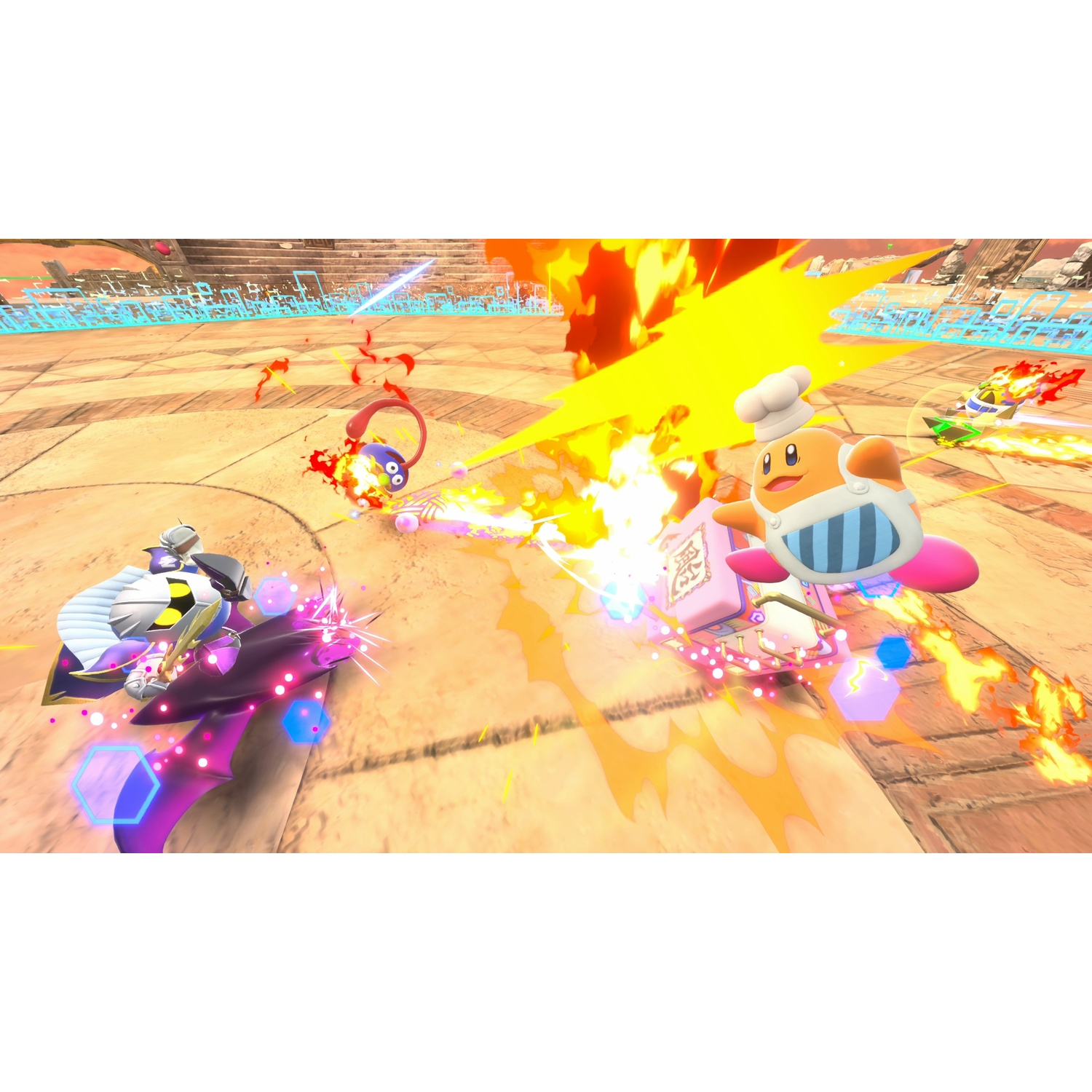 Personaggi di un gioco combattono con esplosioni di energia e fiamme. Uno è uno chef, un altro un cavaliere, il tutto su uno sfondo desertico.