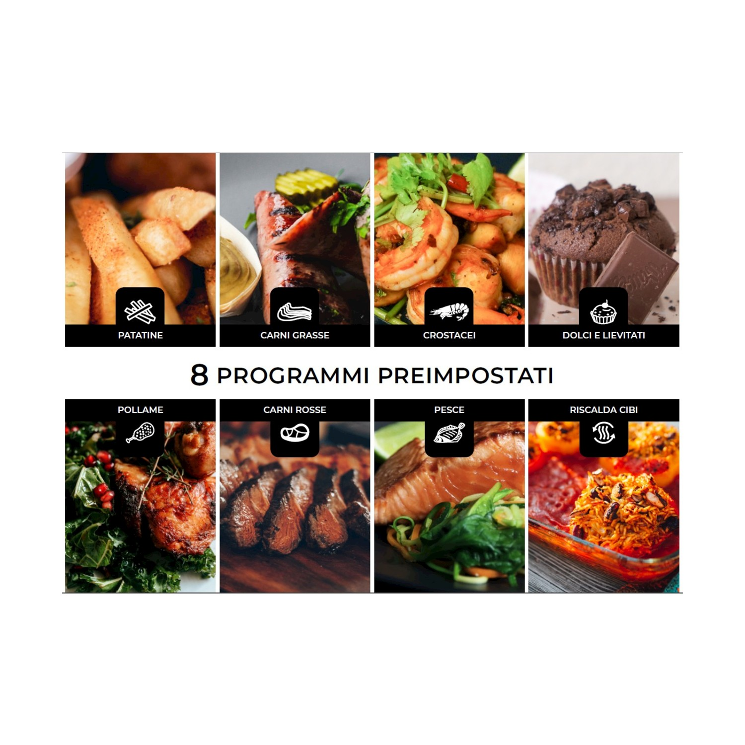 Das Bild zeigt 8 voreingestellte Kochprogramme: Kartoffeln, fettes Fleisch, Schalentiere, Backwaren, Geflügel, rotes Fleisch, Fisch und Aufwärmen.