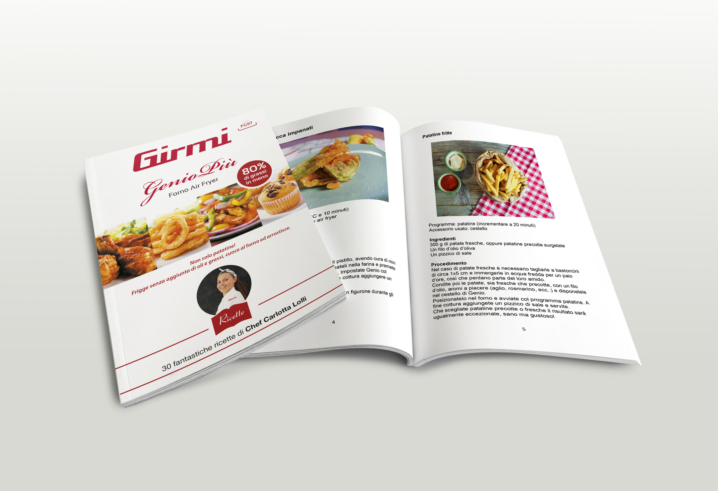 Otwarta książka kucharska ze zdjęciami smażonych potraw. Tekst zawiera 'Genio Air Fryer' i szefa kuchni.