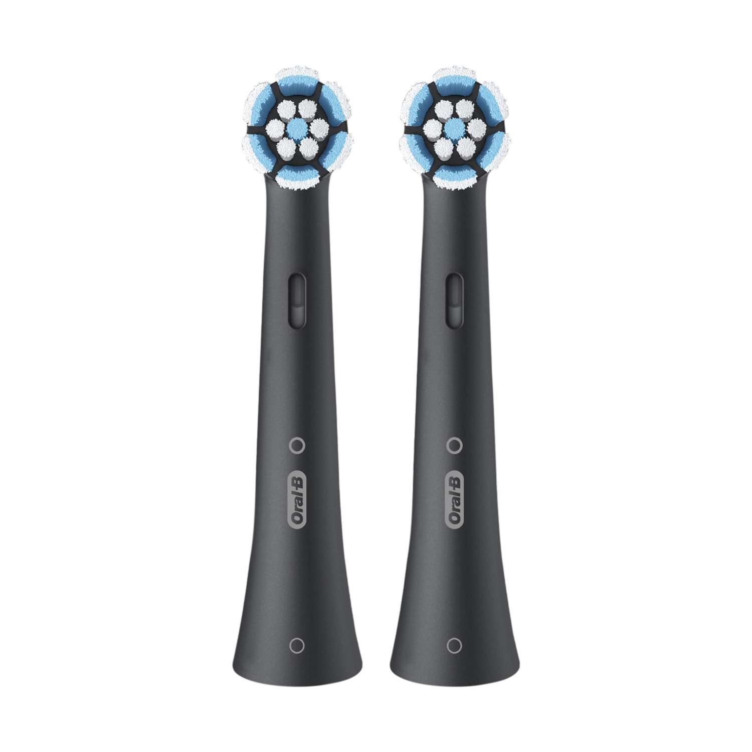 Two black Oral-B toothbrush heads. Each has a circular brush head with blue, white, and black bristles. The handles have buttons.