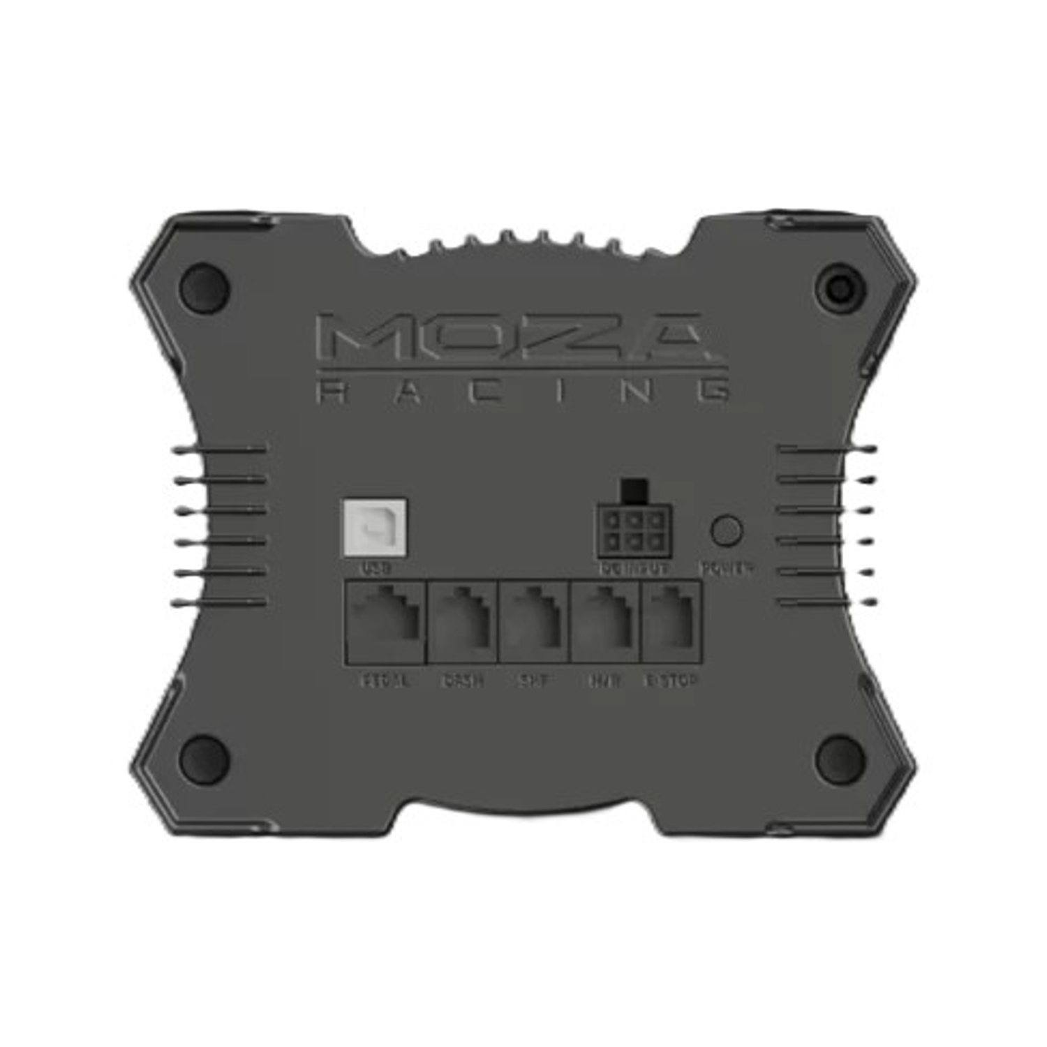 Un appareil MOZA Racing gris. Il possède divers ports : USB, Pédale, Tableau de bord, Levier de vitesses, H/R et Stop. L'alimentation et l'entrée CC sont également visibles.