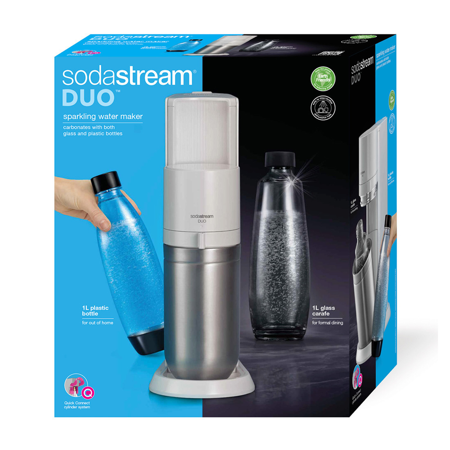 Pudełko Sodastream DUO pokazuje ekspres do wody z butelkami. Ręka trzyma niebieską plastikową butelkę. Pokazana jest czarna szklana karafka.