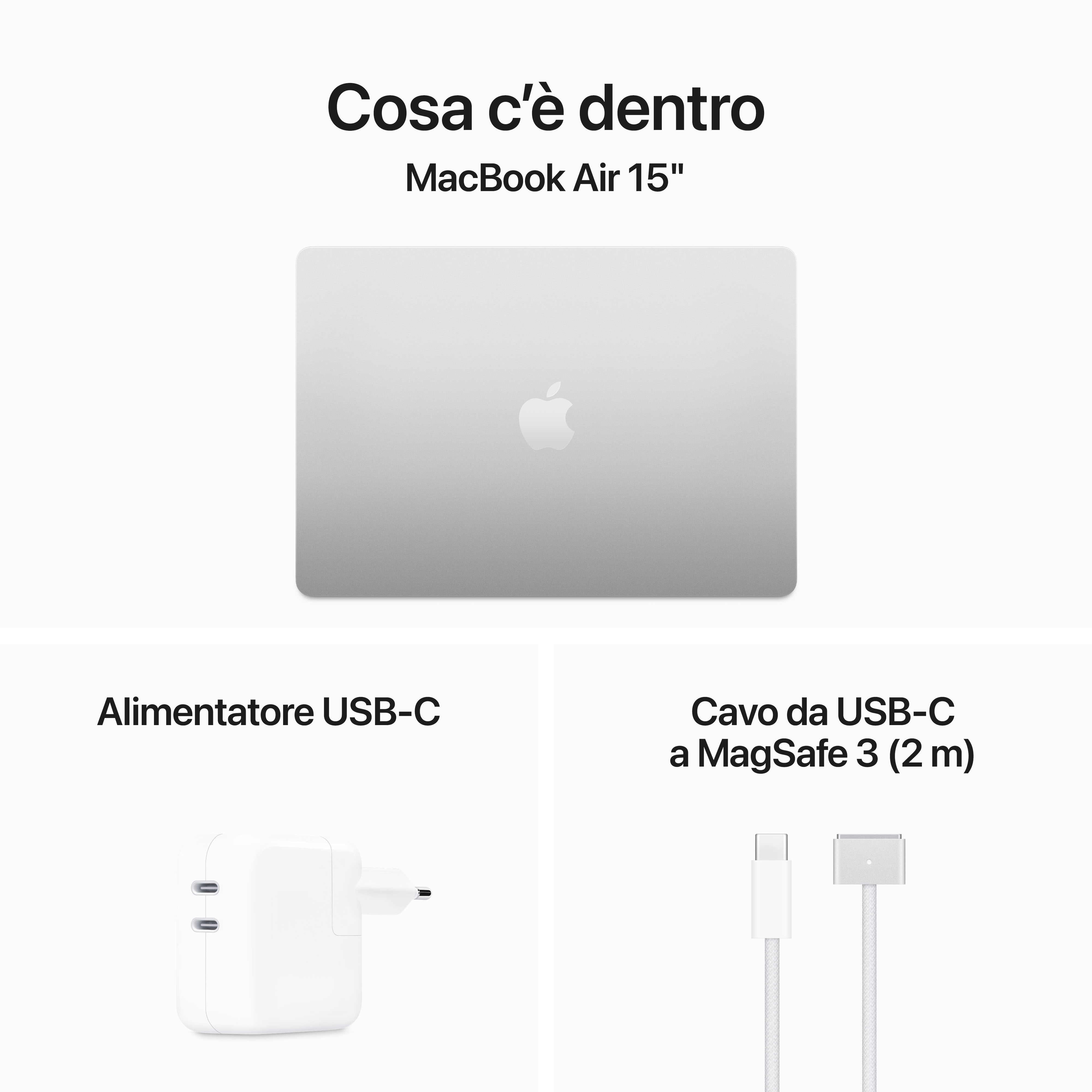 Obraz przedstawia MacBook Air 15", ładowarkę USB-C oraz kabel USB-C do MagSafe 3. Wszystko na białym tle.