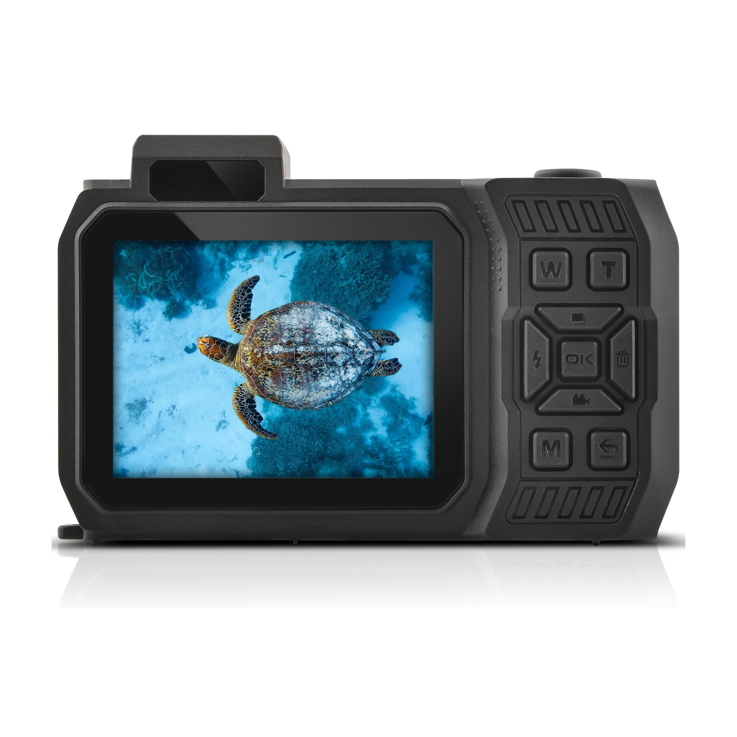 Czarny aparat wyświetla żółwia morskiego pod wodą. Widoczne przyciski i ekran. Białe tło.