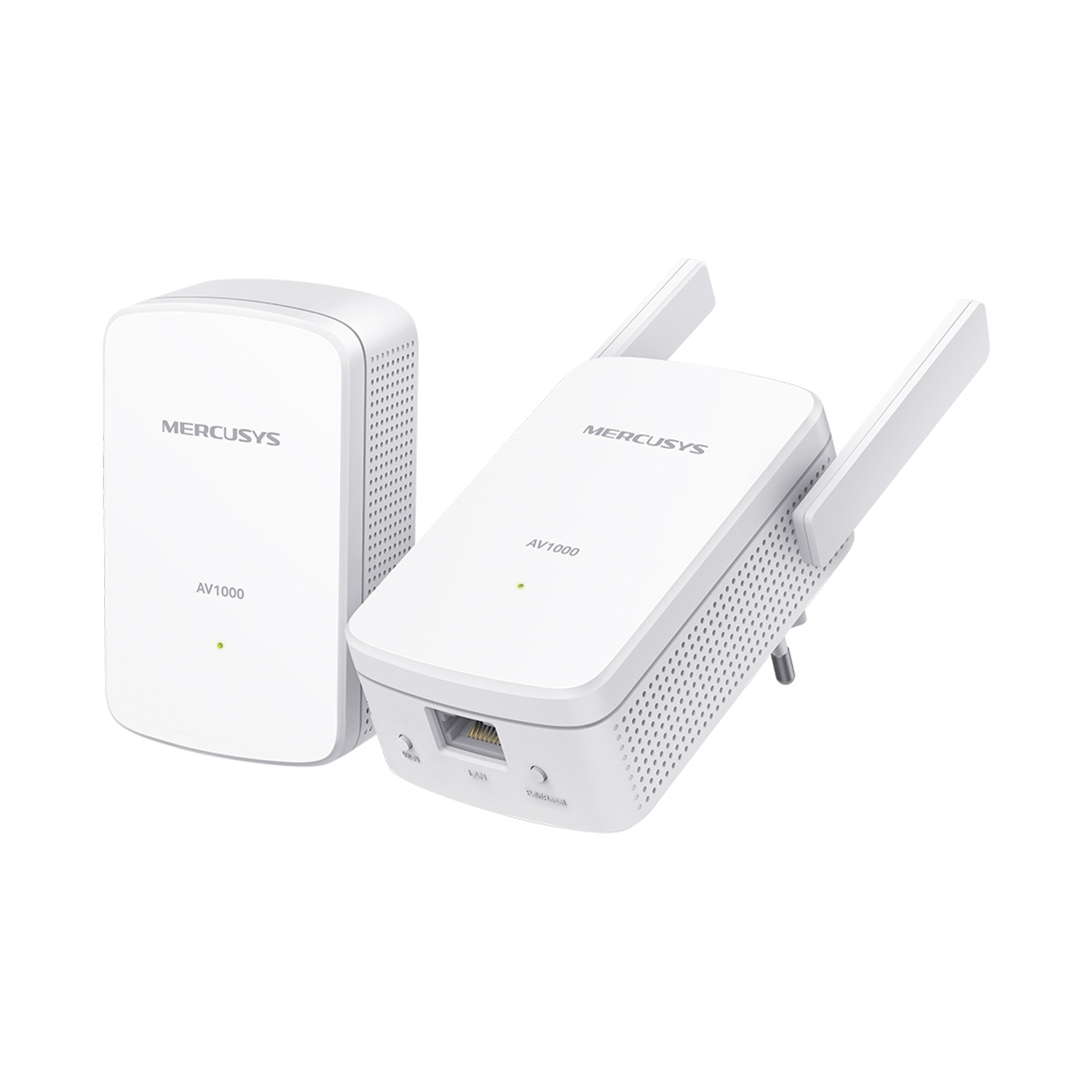 Due dispositivi Mercusys AV1000 bianchi. Uno è rettangolare, l'altro ha antenne e porte. Entrambi hanno luci verdi.