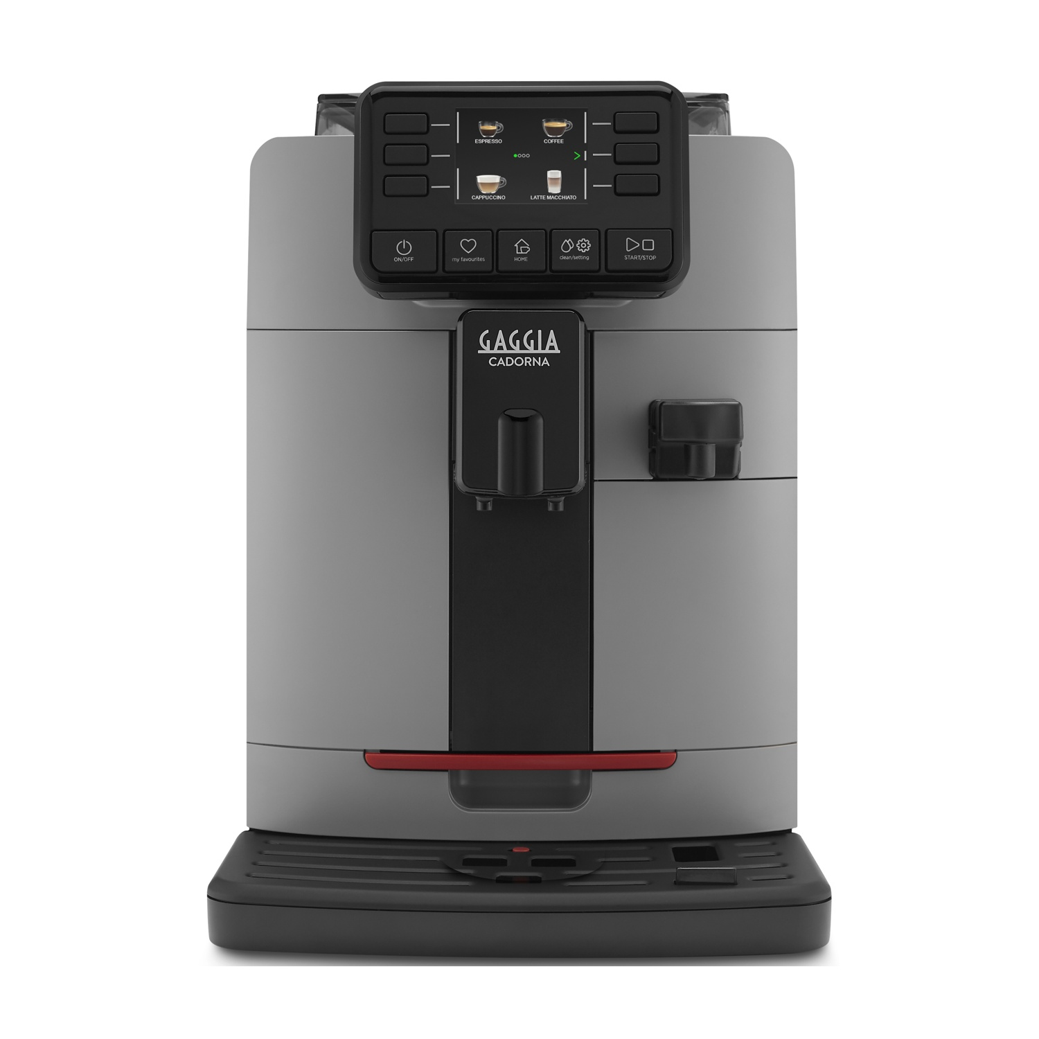 Een grijze Gaggia Cadorna koffiemachine met zwart bedieningspaneel en knoppen. De machine heeft een rode accentlijn.