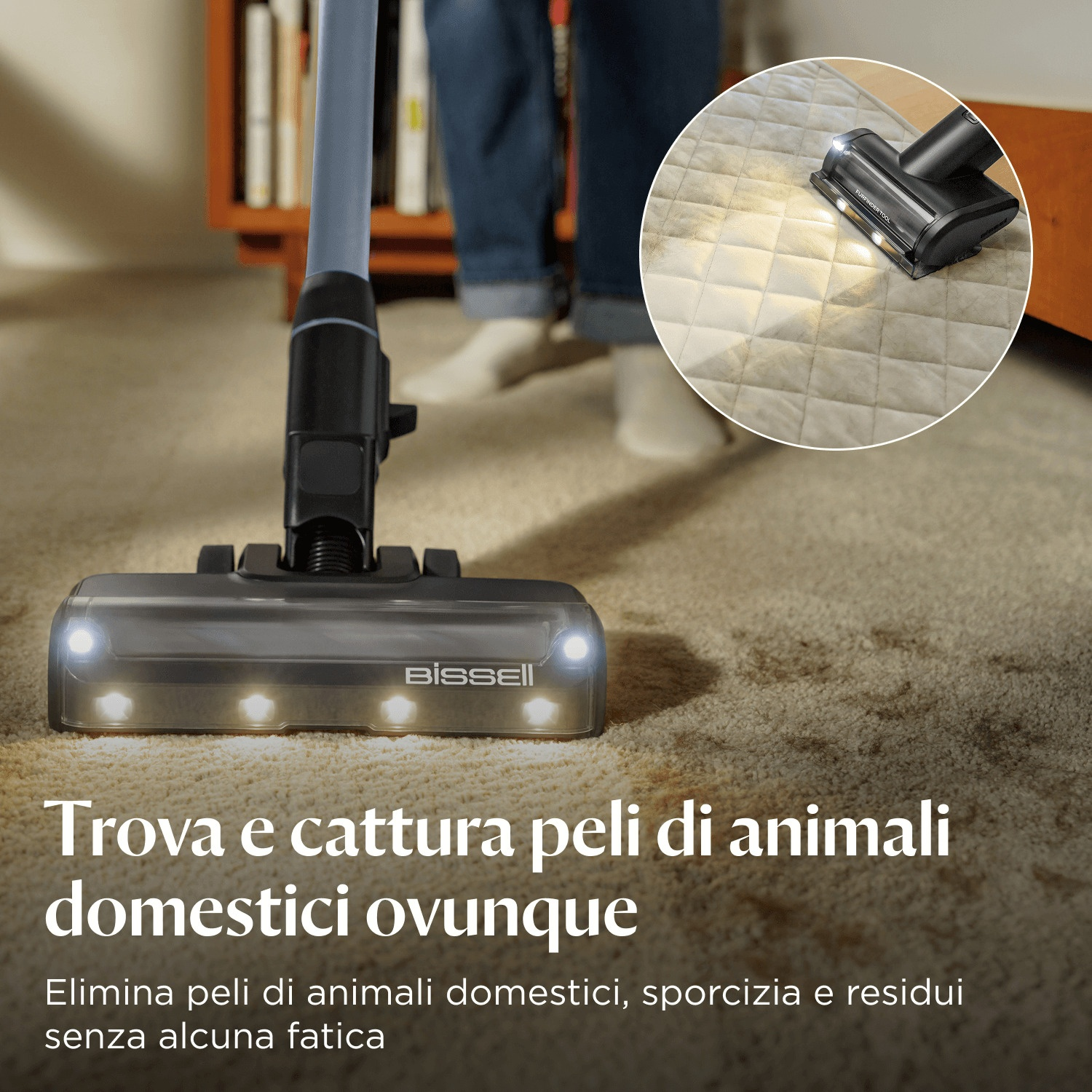 A vacuum cleaner with lights cleans a carpet. A detail shows the cleaning head removing dirt. Text says: Find and capture pet hair everywhere.