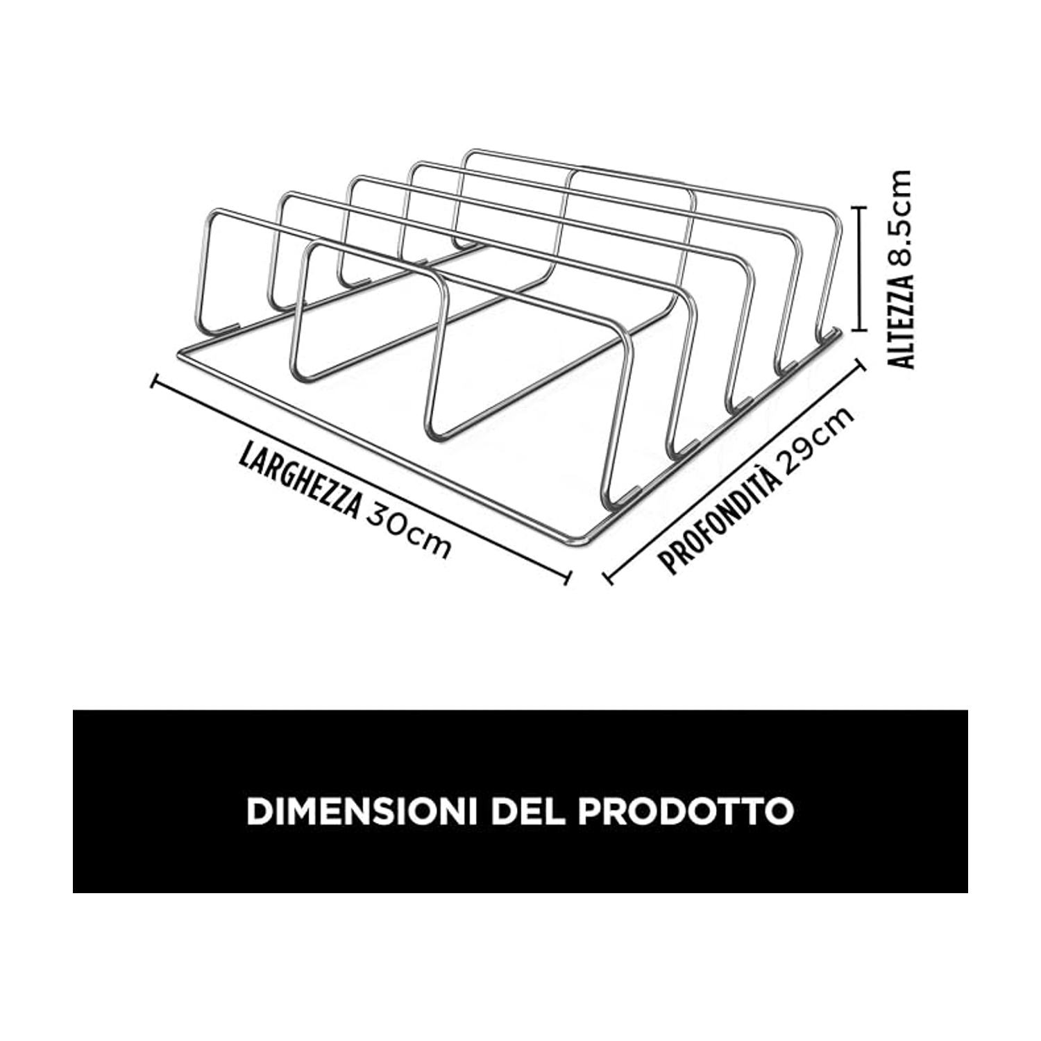 Metalowy stojak na naczynia z wymiarami: 30cm szerokości, 29cm głębokości, 8.5cm wysokości. Tekst: 'WYMIARY PRODUKTU'.
