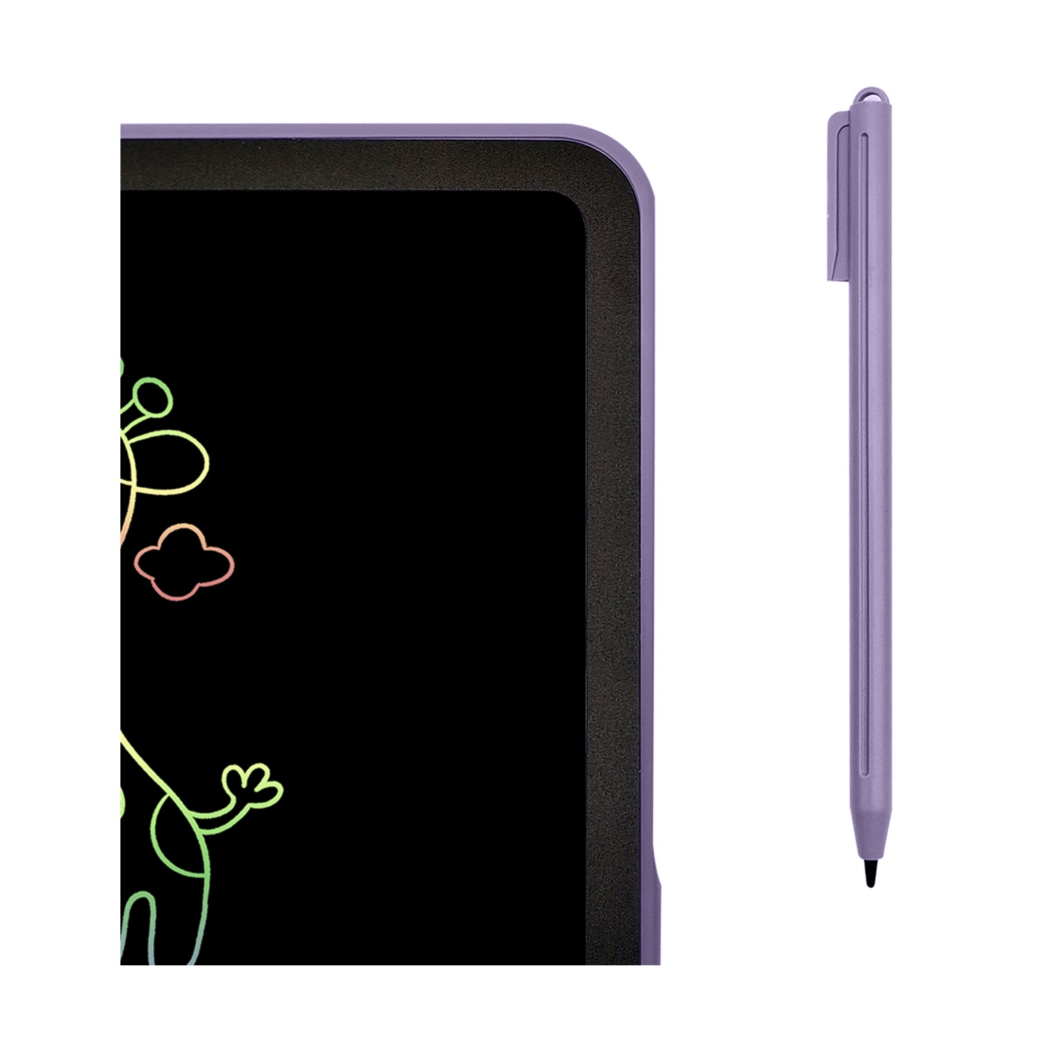 Ein lila Zeichentablett mit Stift. Das Tablet zeigt eine bunte Giraffenzeichnung. Weißer Hintergrund.