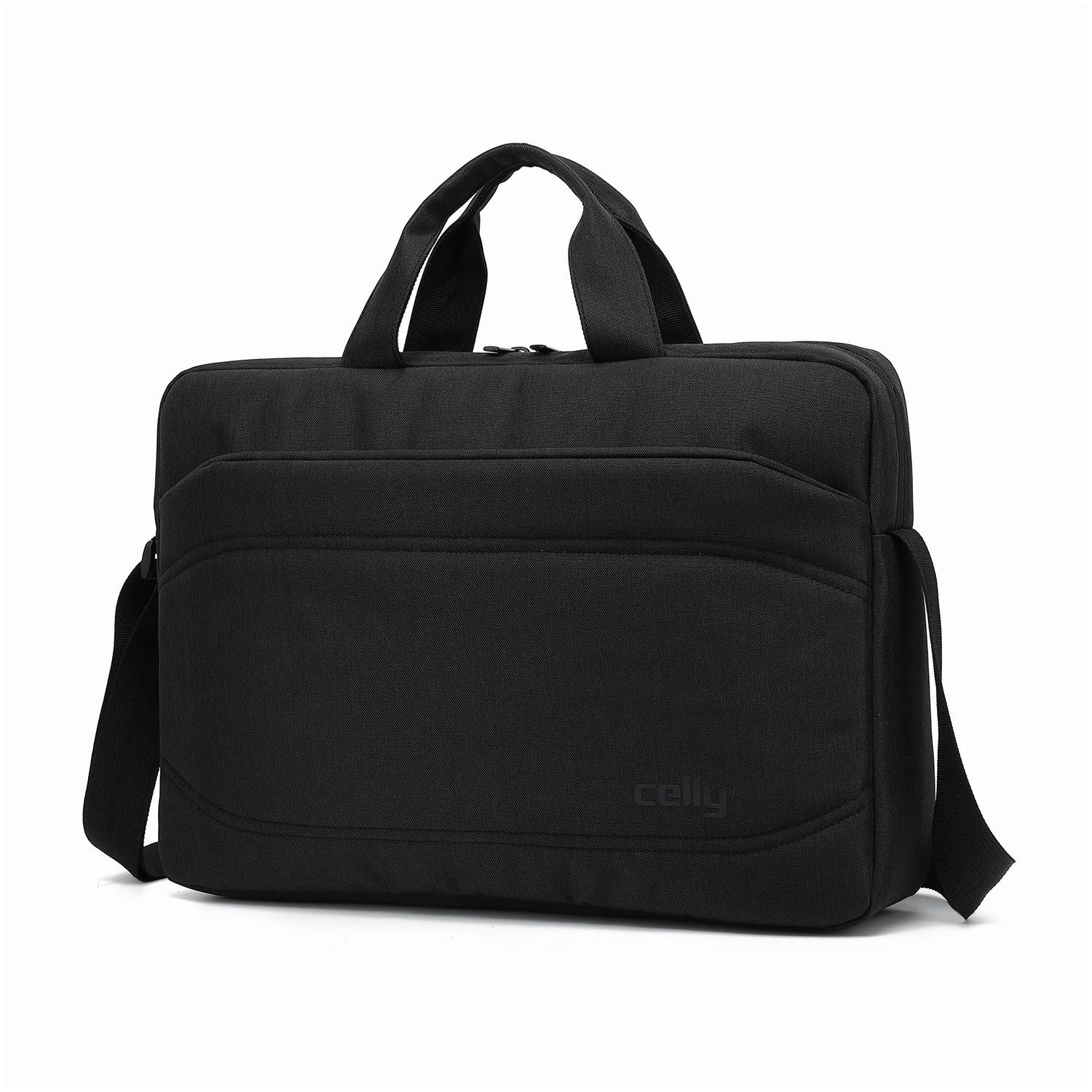 Eine schwarze Celly-Laptoptasche mit Henkel und Schulterriemen, auf weißem Hintergrund. Die Tasche ist rechteckig und hat ein Logo.